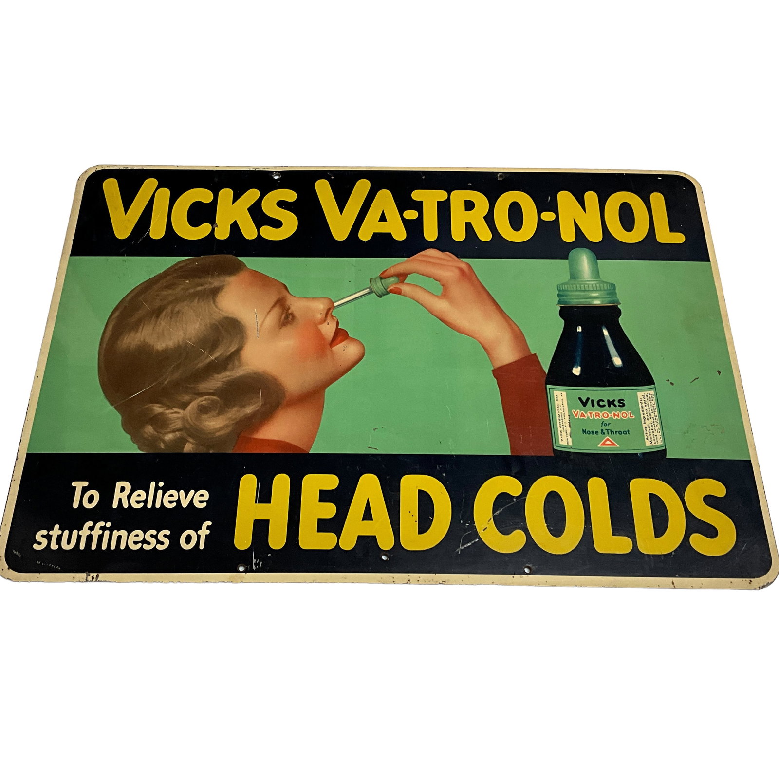 Porcelain Enamel Advertising Sign- Vicks Va-Tro-Nal: Single sided Porcelain Enamel Advertising Sign- Vicks Va-Tro-Nal. Approx. 10.5" X15.5"