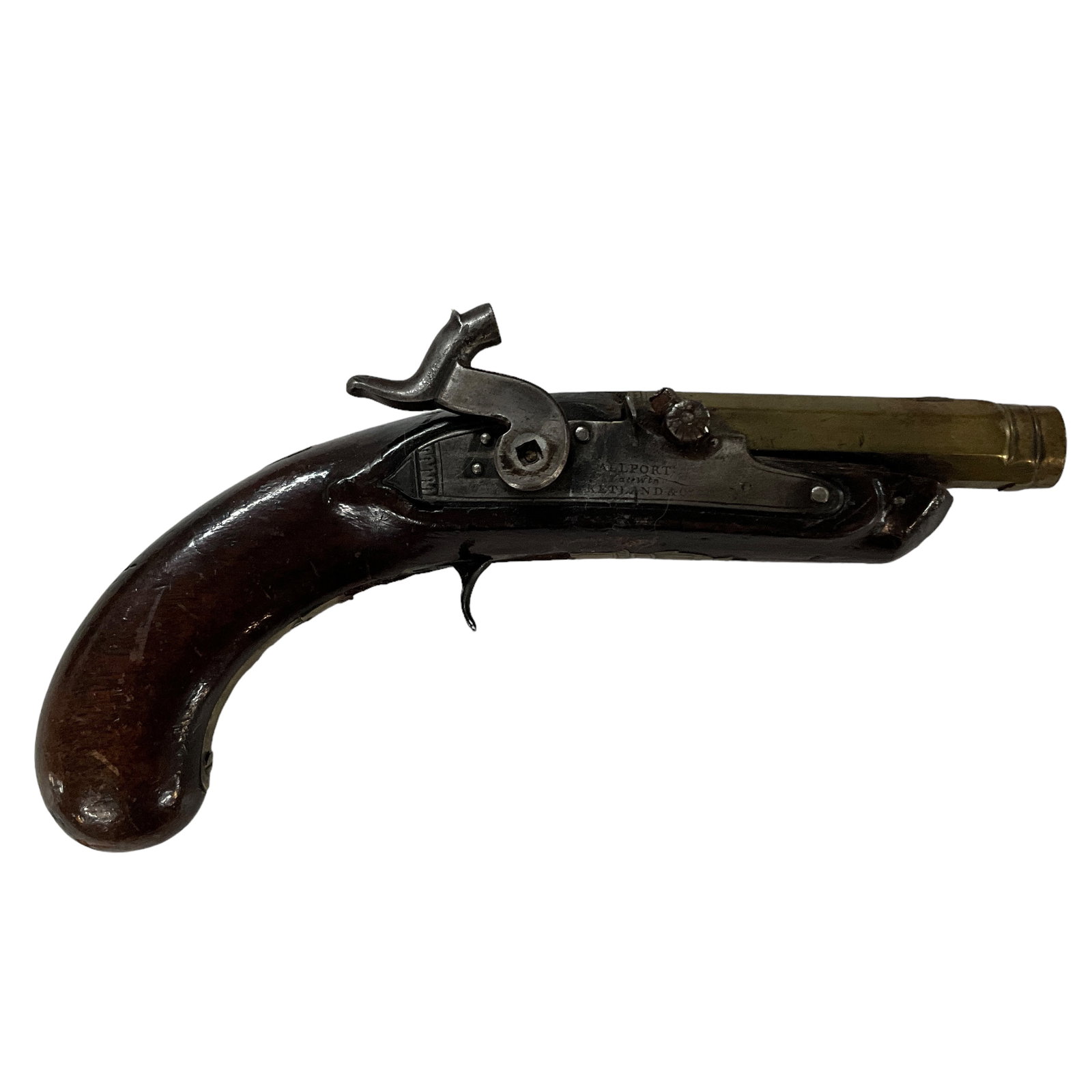 Single Shot Percussion Pistol: An incomplete single shot percussion pistol. Missing trigger guard,and front sight; hammer is loose. Brass barrel is marked "London," and lock plate is marked "Allport Darwin Ketland & Co." Appears to