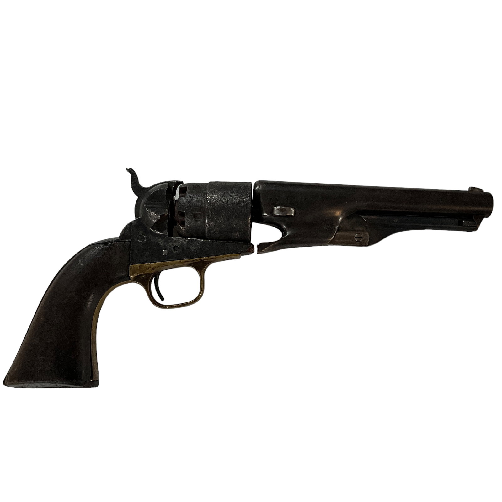 Colt Percussion Revolver: Colt .44 Cal. percussion revolver, serial number 72126 (on frame and brass trigger guard. Revolver can be cocked, but cylinder spins freely.. Cylinder and frame heavily corroded, 6" barrel is fairly f