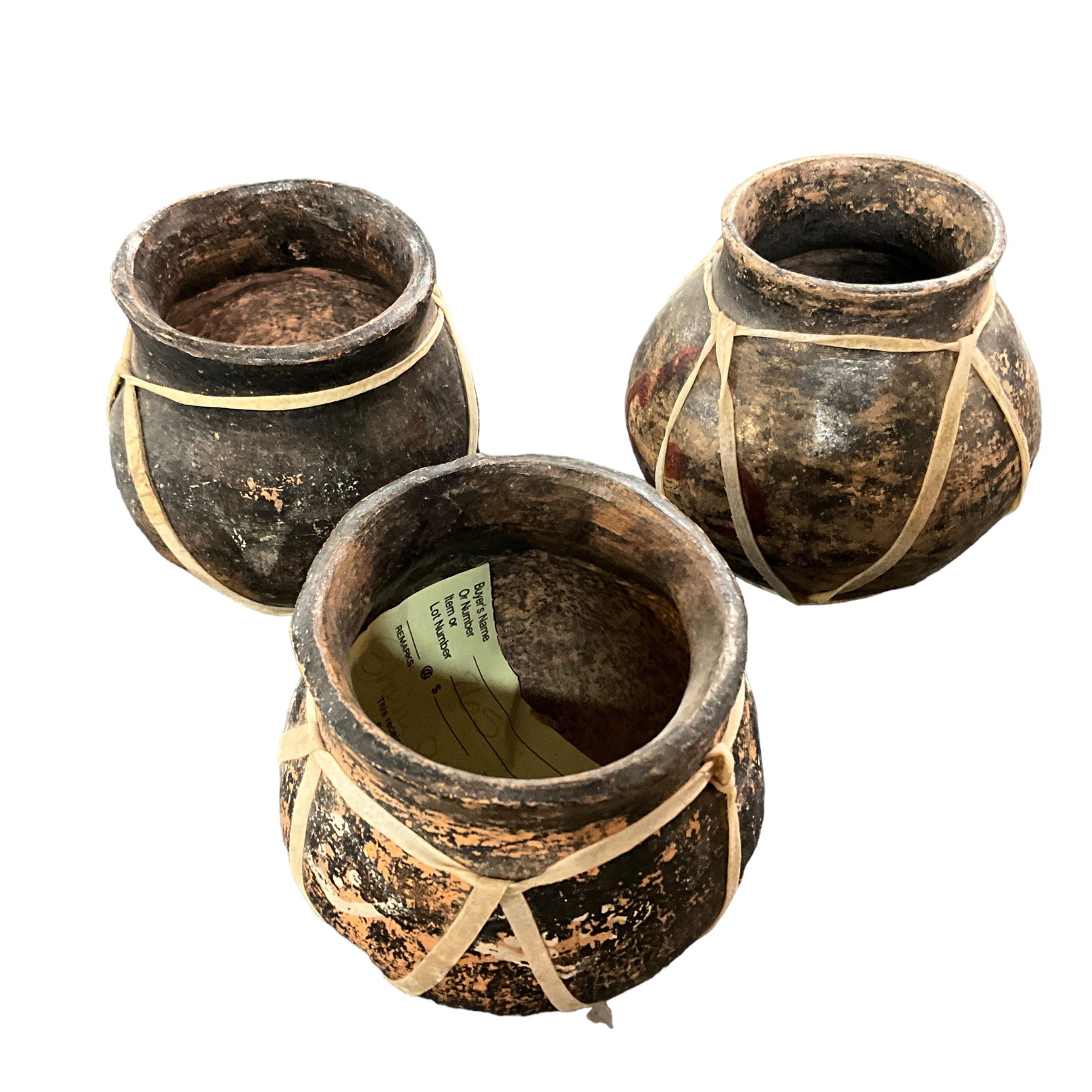 Trio of Native American Cups, Rawhide Lacing: Trio of Native American Cups, rawhide lacing. Provenance unknown.