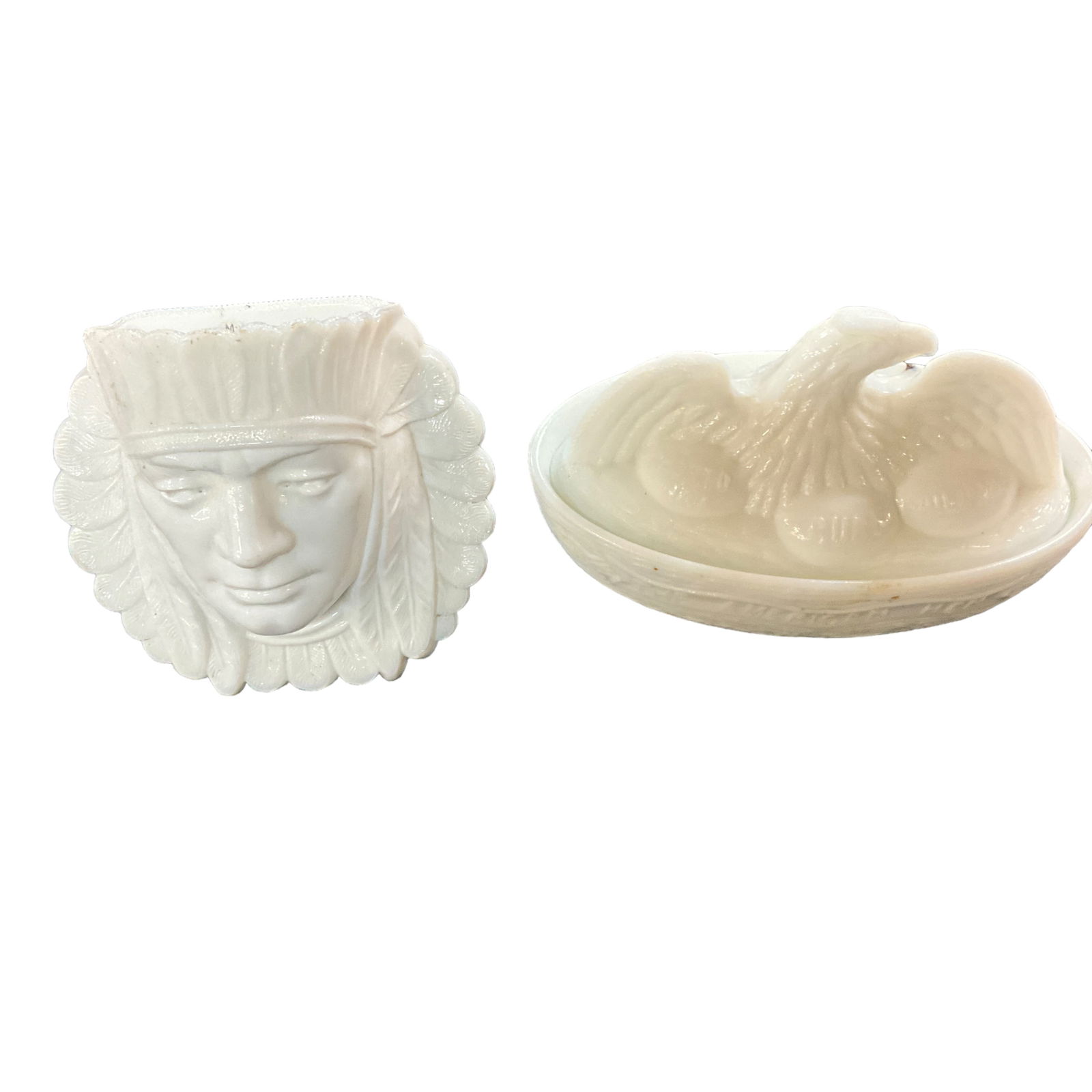 Spanish American War "Hen Dish," and Milk Glass Indian Match Holder (1 of 6)