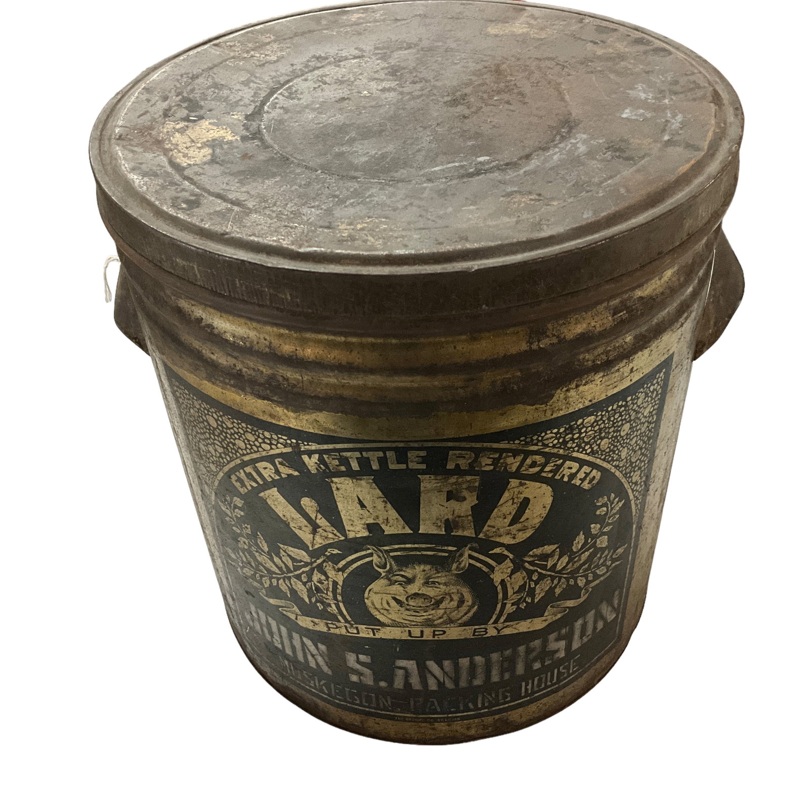 Early Michigan Lard Tin: Early Michigan 50 Lb. Lard Tin- "John S. Anderson- Muskegon, Michigan."