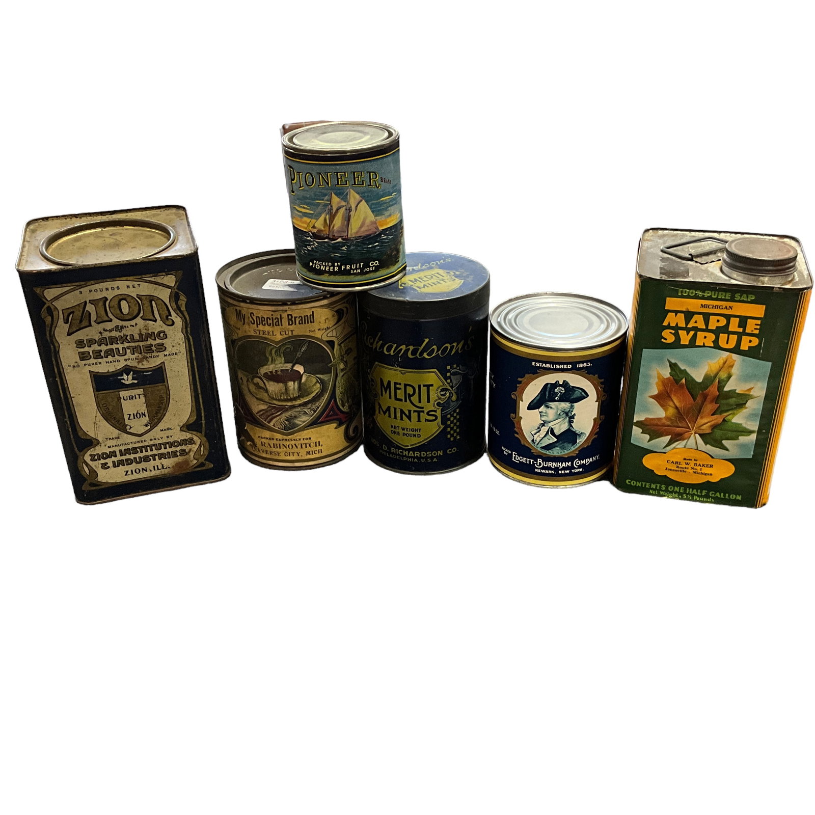 Six Vintage Tins- Jonesville and Traverse City, MI: Carl Baker, Jonesville MI, maple syrup, Rabinovitch Steel Cut Coffee, Traverse City, MI, plus four other vintage tins.