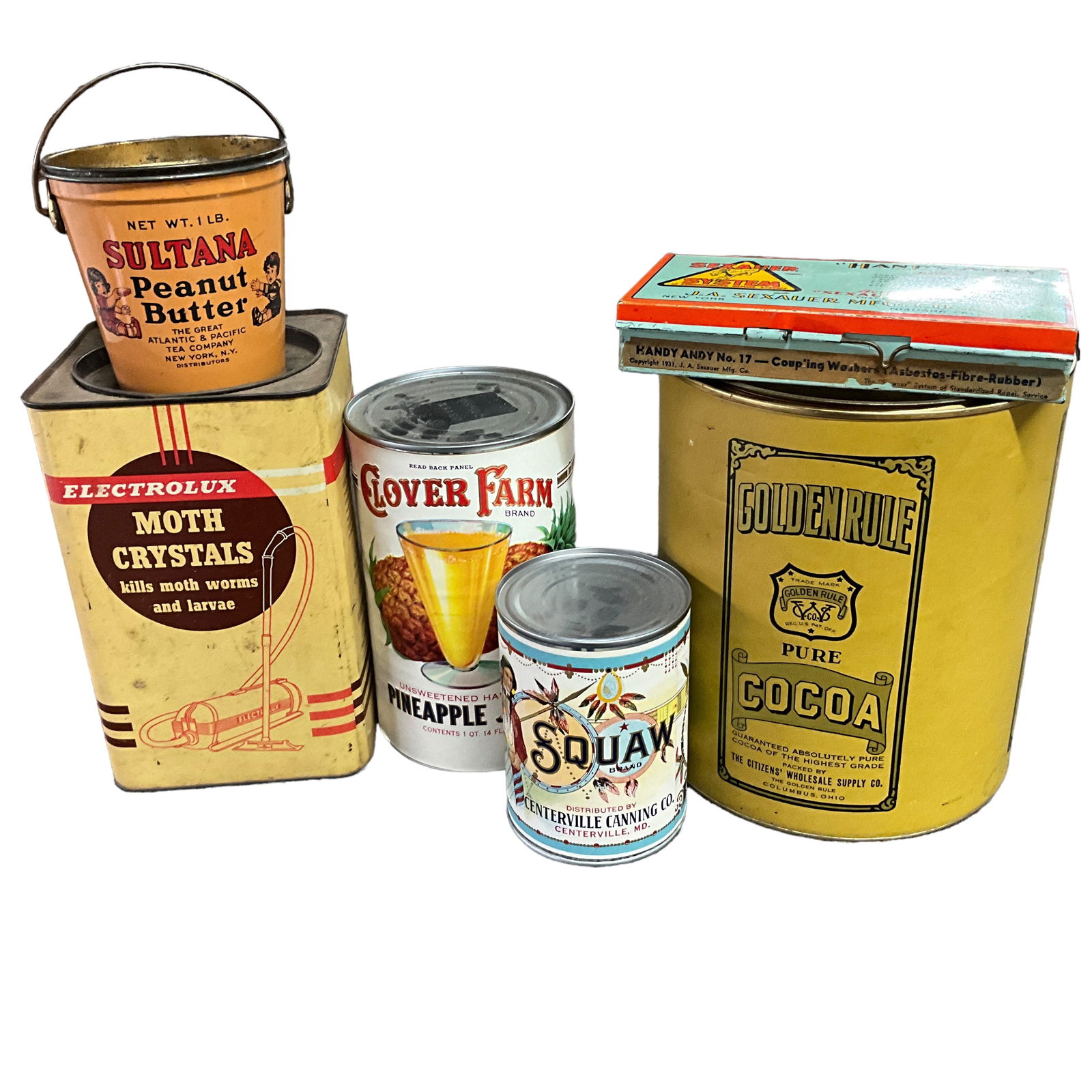 Six Vintage Tins- Handy Andy, Sultana Peanut Butter, Golden Rule Cocoa, Clover Farm, Electrolux (1 of 4)