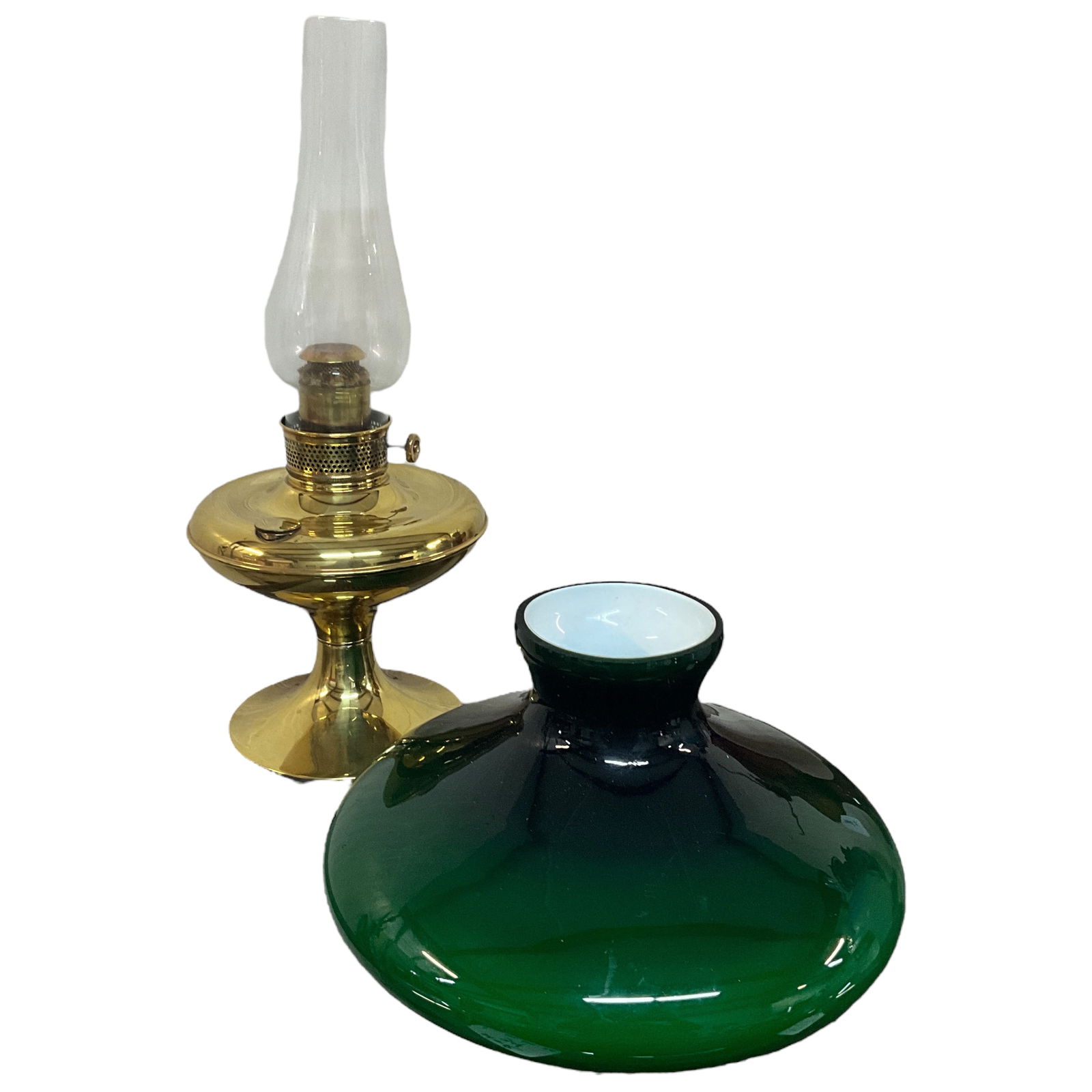 Plume & Atwood Brass Oil Lamp: Plume & Atwood brass oil lamp with green cased glass shade. Lamp measures 19" OA, shade measures 12" in diameter. Shade fitter is missing.