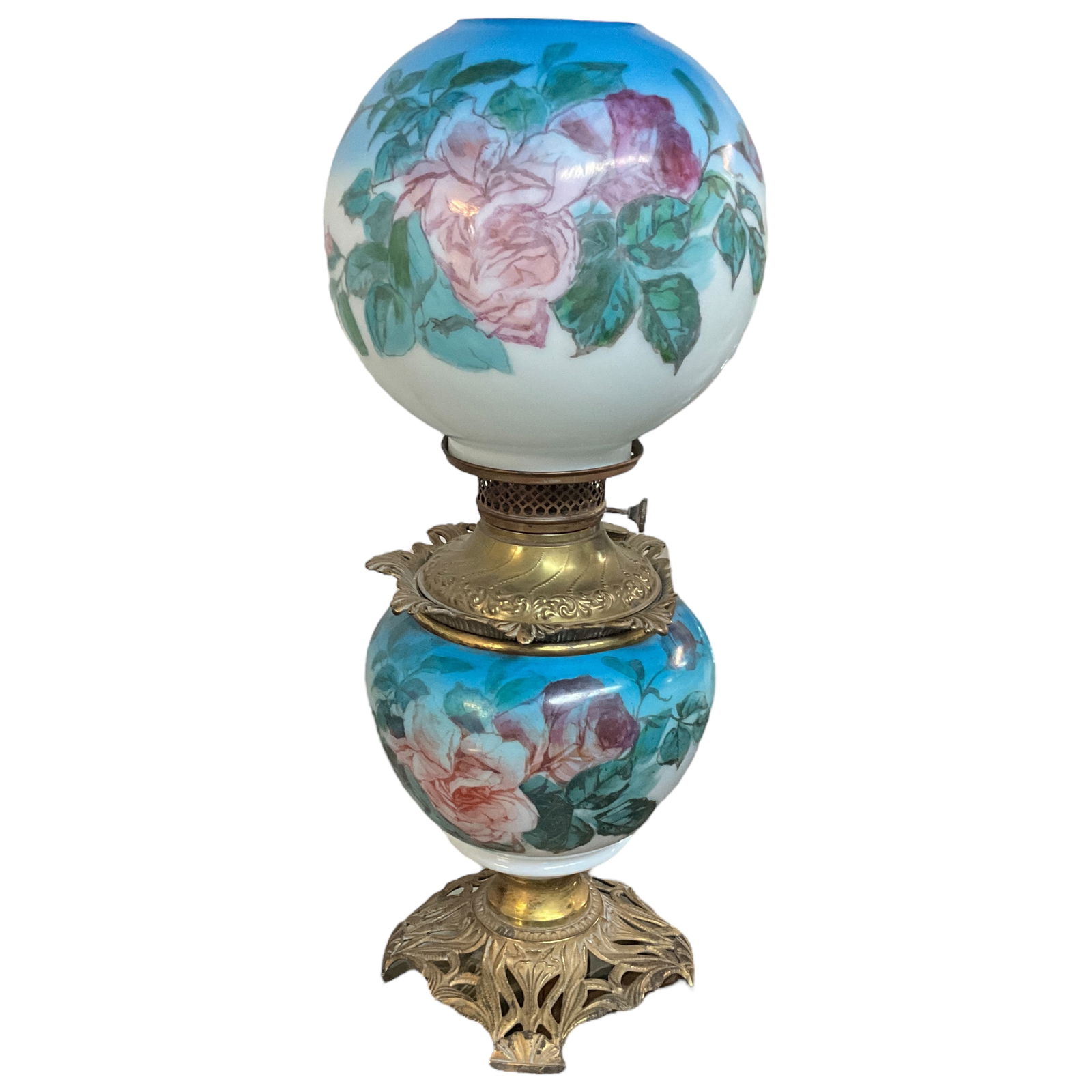 Painted Milk Glass and Cast Iron Oil Lamp (1 of 5)