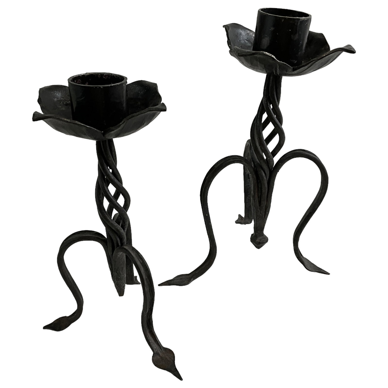 Figural Iron Candle Holders, Pair: Pair of figurural iron metal candle holders, style mimics flowers. Approx 10.75" tall. Unmarked
