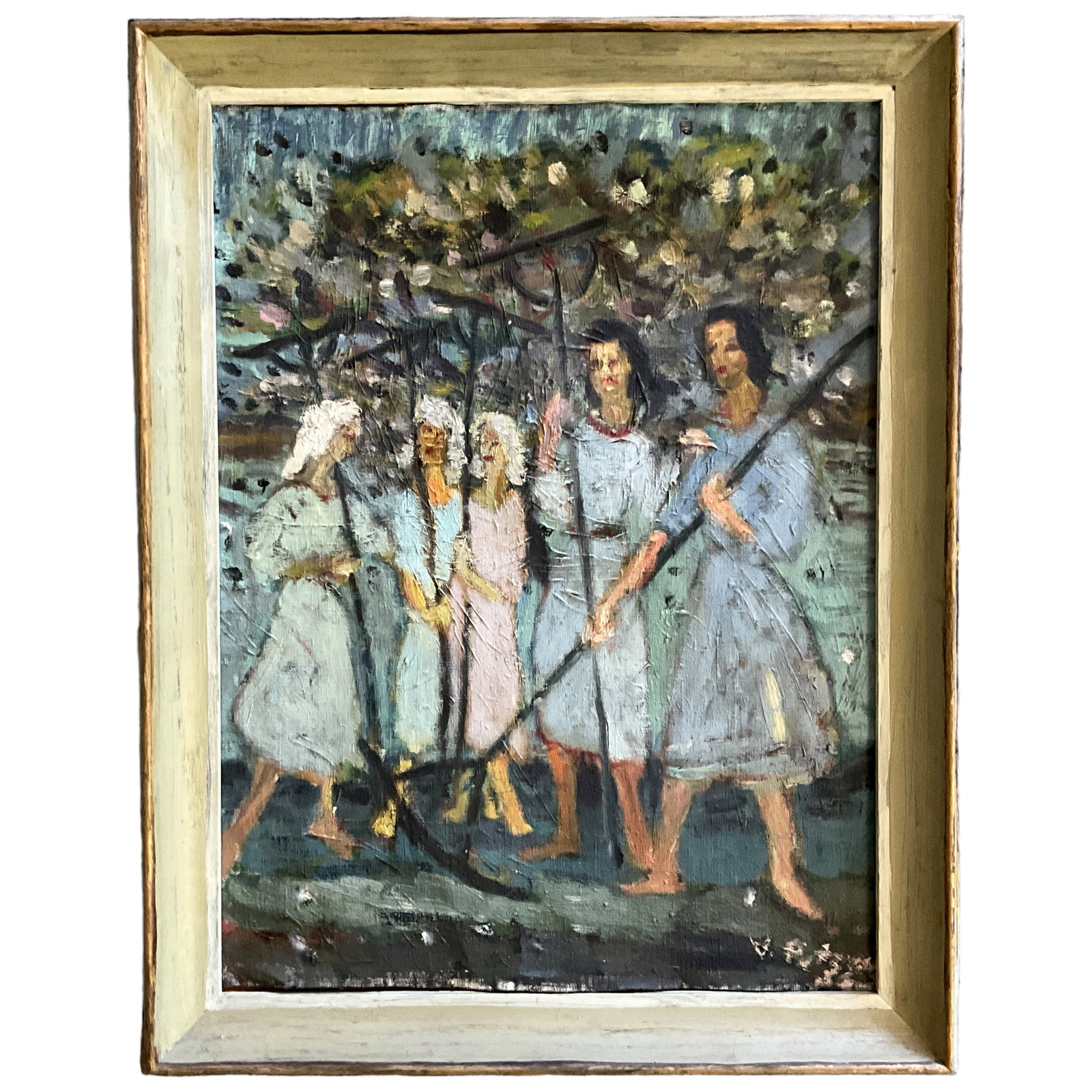 Acrylic on Canvas, Female Farmers, Unknown Artist: Vintage acrylic on canvas depicting women with farming equipment, artist is unidentified, but the piece has a partial illegible signature. Measures 23" x 17.75 OA, 19.5" x 14.5" SS. Artwork has not be