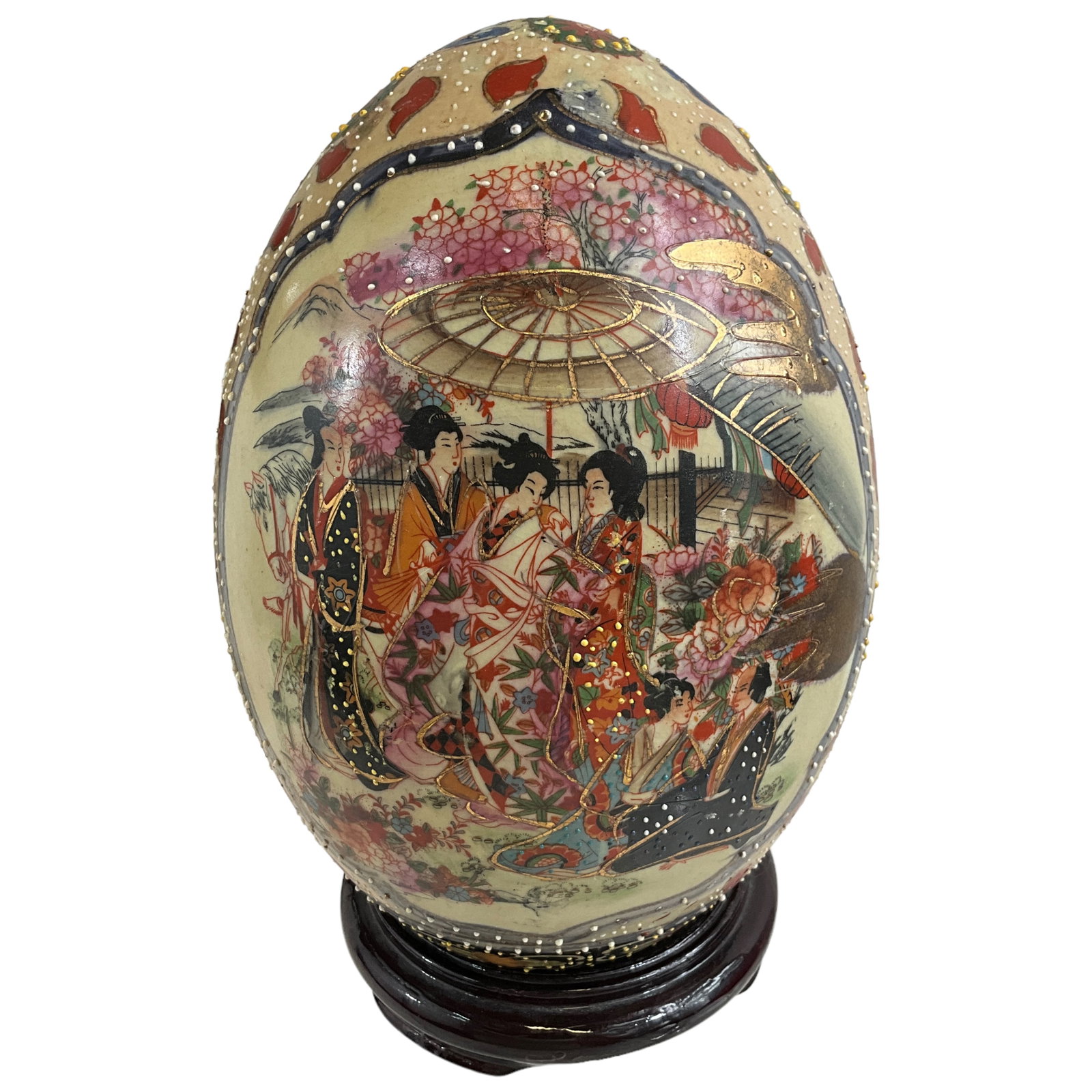 Japanese Porcelain Satsuma Egg, 8.5": Japanese porcelain Satsuma egg with stand. Egg measures 8.5" tall, 6" at its widest point.
