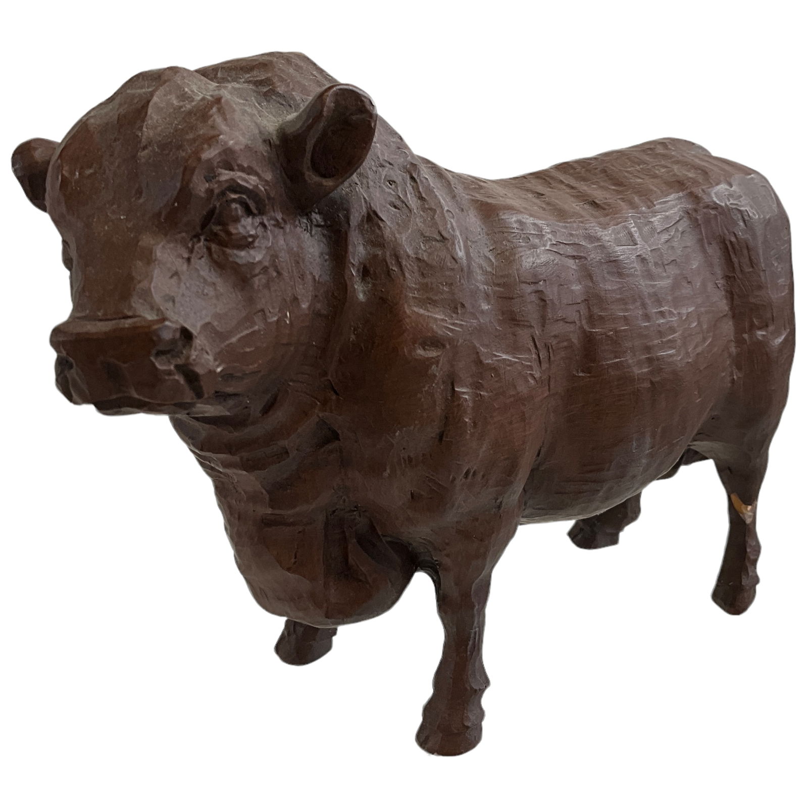 Vintage Faux Wood Carved Cow: Vintage faux wood carved cow, possibly plaster. Measures approx 6.5" tall, 8,5" long.