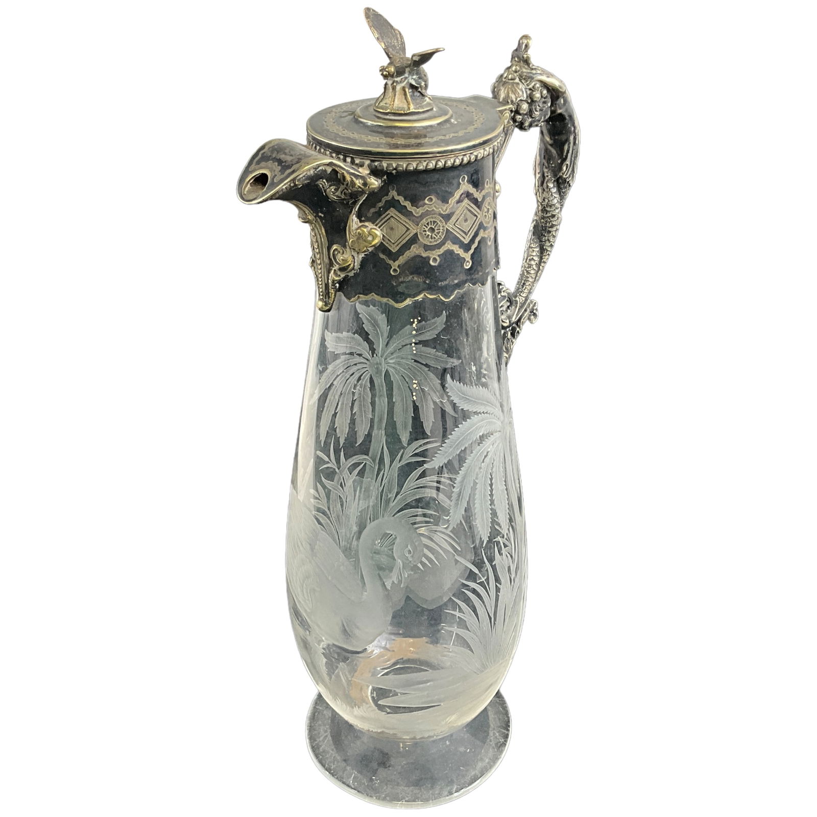 Antique Silver Plate Etched Glass Claret Jug Pitcher (1 of 5)