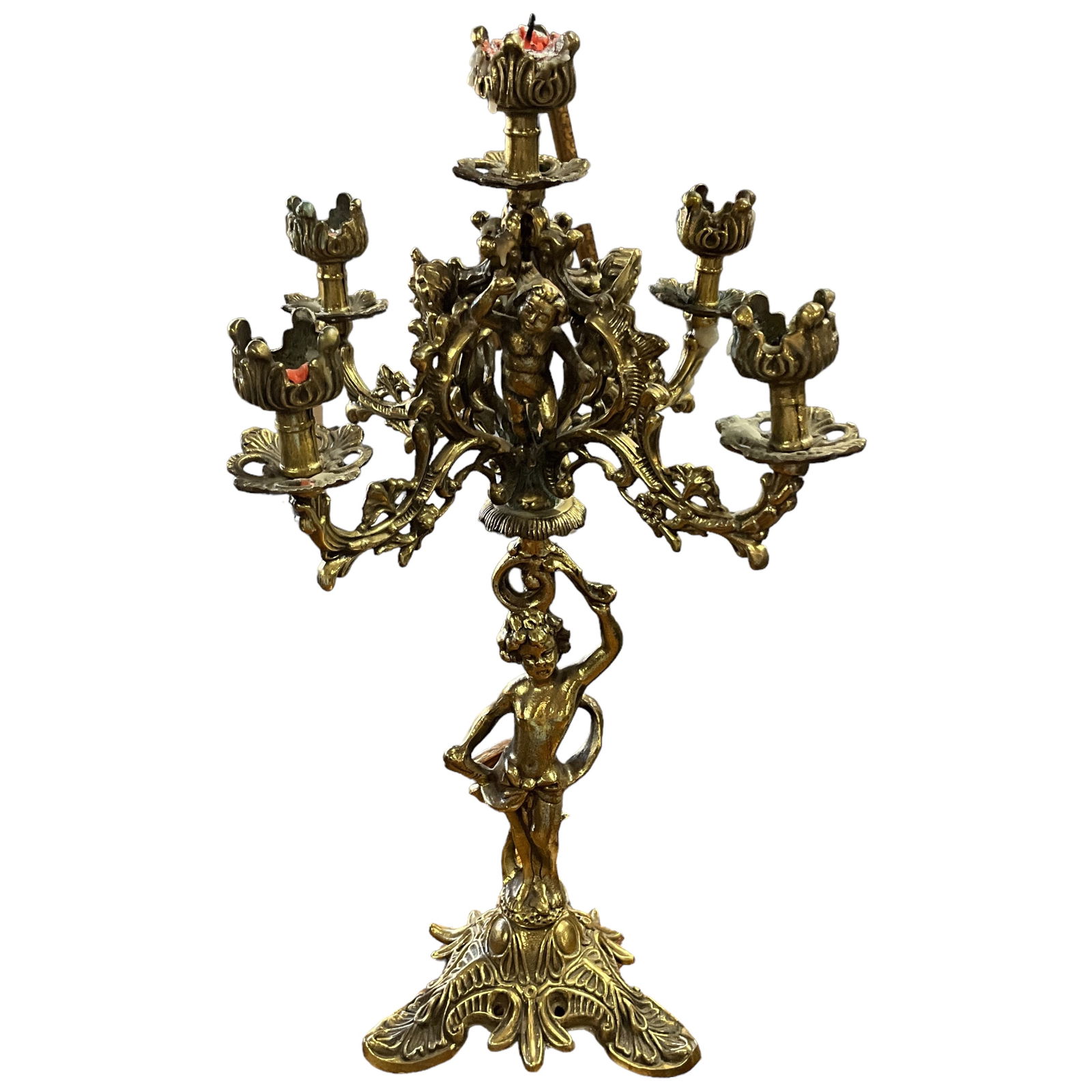 Antique Brass Candelabra, Cherub Design (1 of 4)