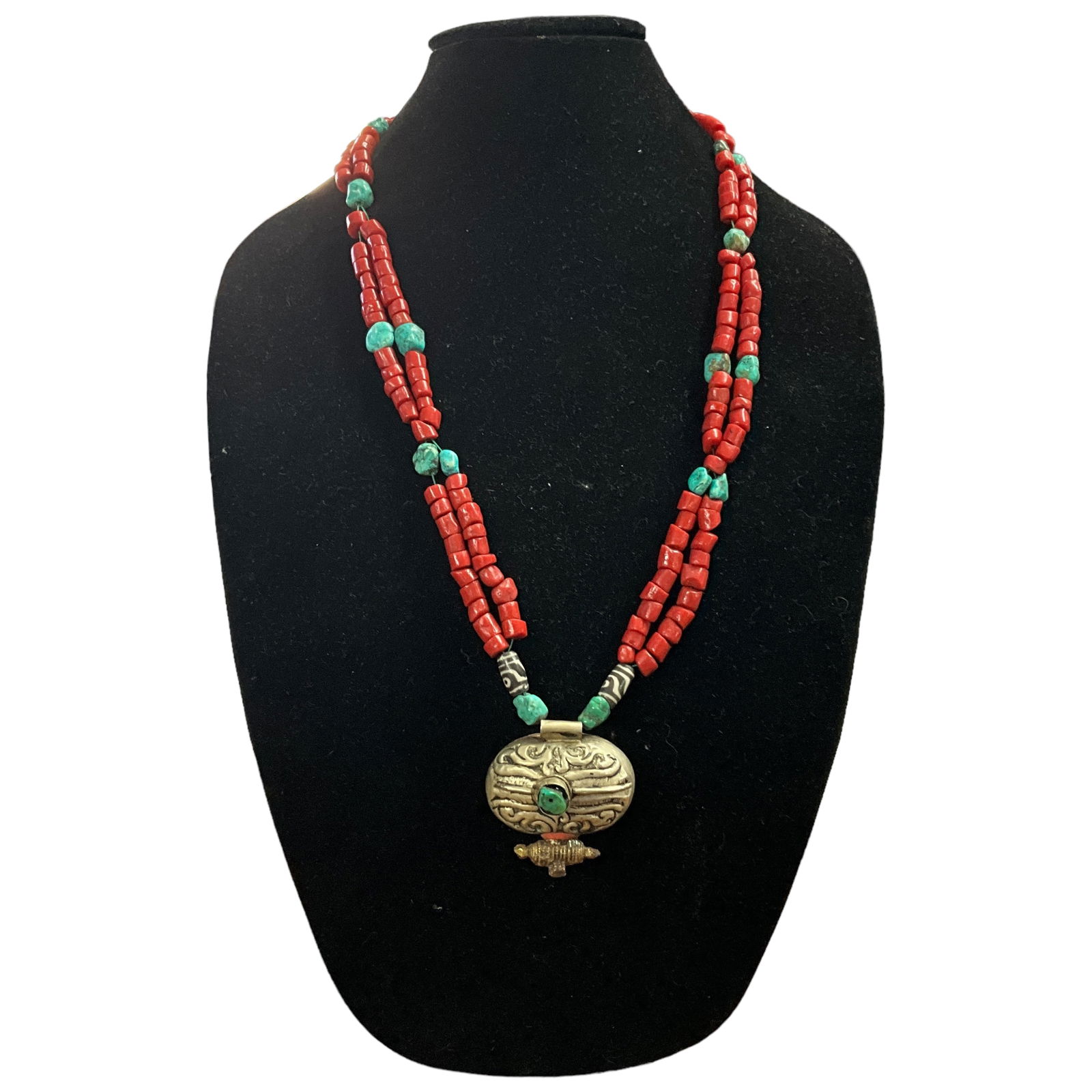 Tibetan Silver, Coral, and Turquoise Necklace, 15.5" (1 of 2)