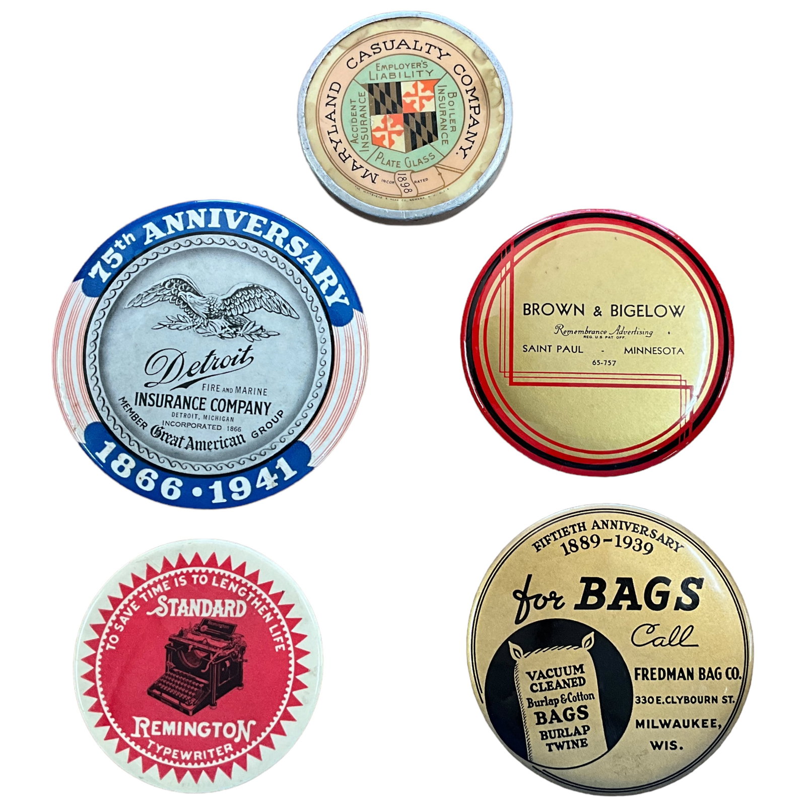 Vintage Advertising Mirrors, Lot of 5: Lot of 5 vintage advertising mirrors for different companies and goods. Largest measures 4" in diameter.