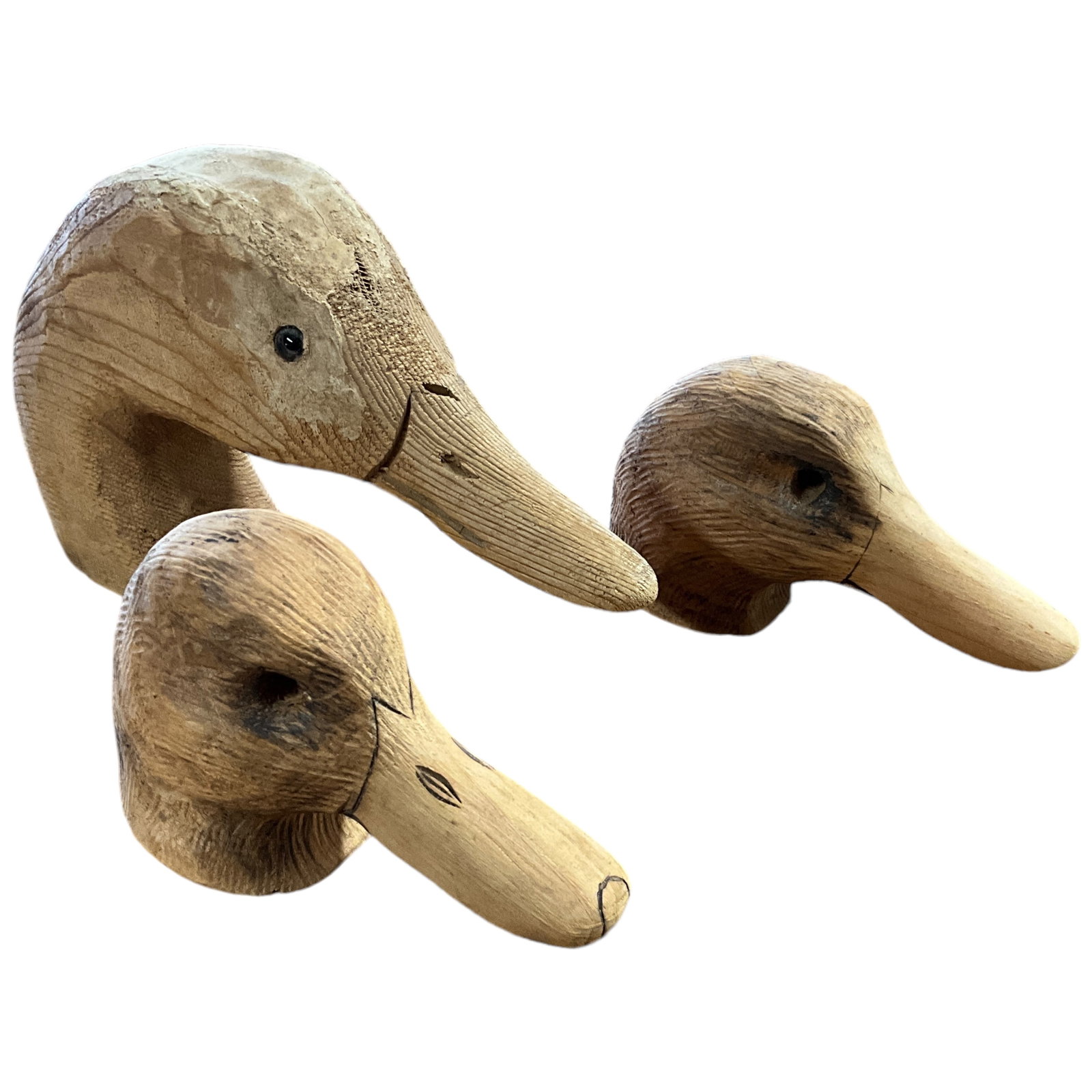 Vintage Wooden Duck Heads, Lot of 3: Lot of 3 vintage wooden duck heads. Largest measures approx 5.5" tall, 8.5" long.