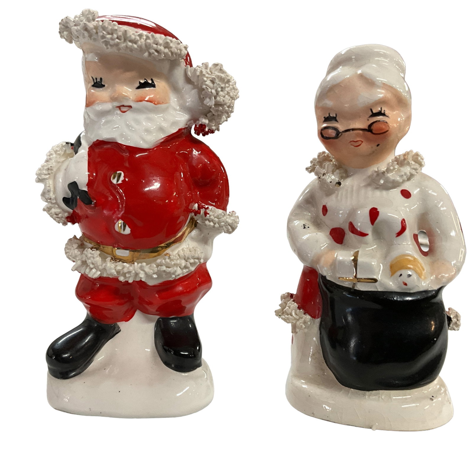 Vintage Napco Japan Santa & Mrs. Claus Salt & Pepper Pair, Spaghetti Trim: Vintage Napco Japan Santa and Mrs. Claus salt & pepper shakers featuring spaghetti trim. Each measure approx. 4" tall, 1 1/2" diameter. Some chipping of red paint on santa.
