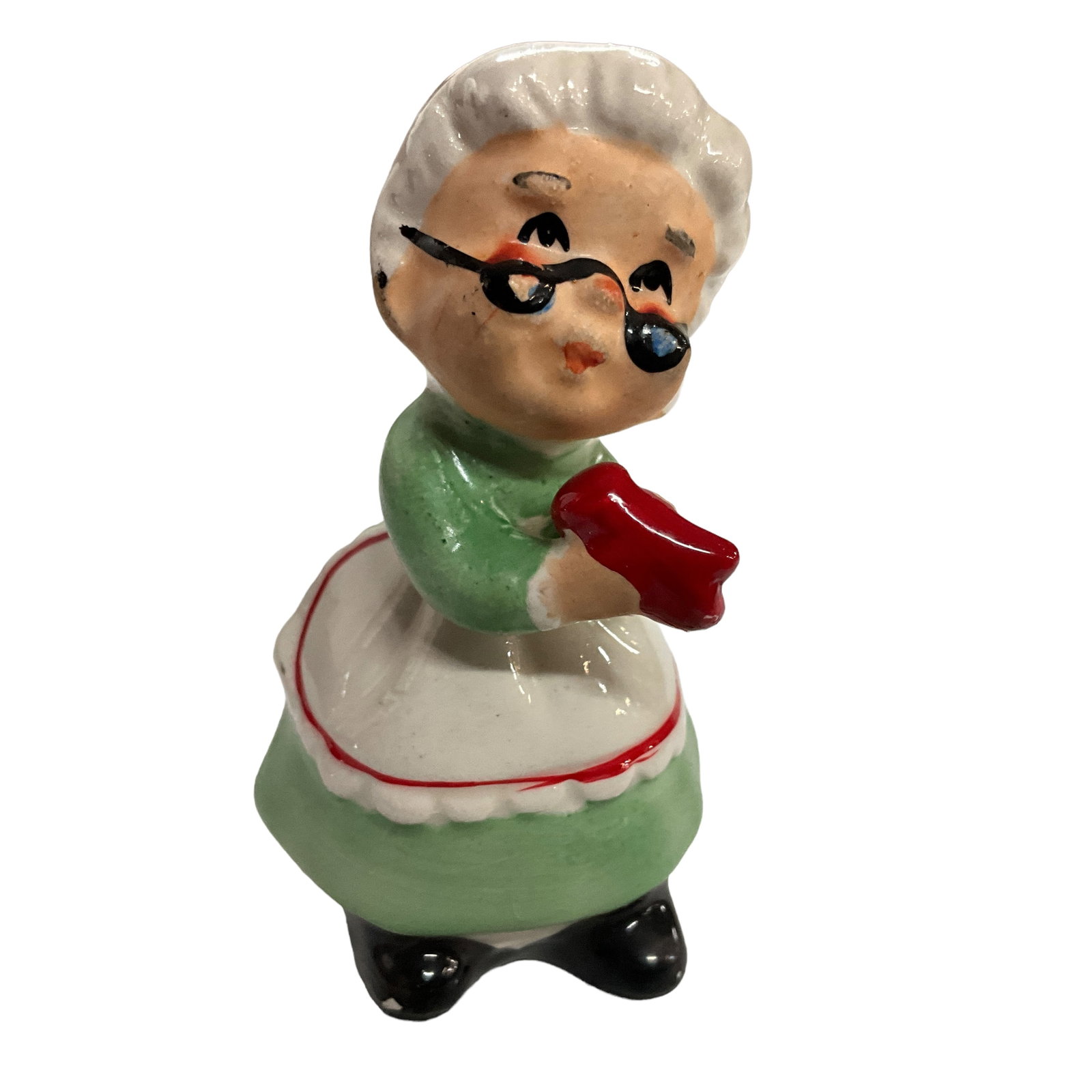 Vintage Mrs. Claus Salt Shaker, Green Dress: Vintage Mrs. Claus salt shaker, featuring a green dress. Measures approx. 3" tall, 2 1/4" diameter.