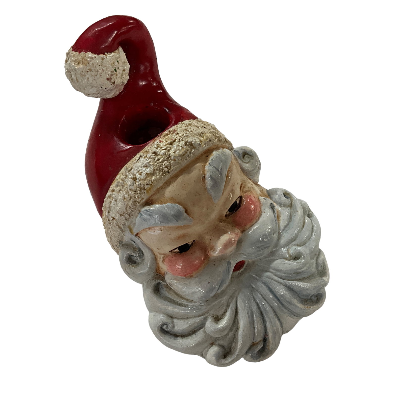 Santa Taper Candle Holder, Spaghetti Trim, Resin: Resin santa taper candle holder featuring spaghetti trim. Measures approx. 4 1/2" tall, 5 3/4" long, 4 1/4" deep.