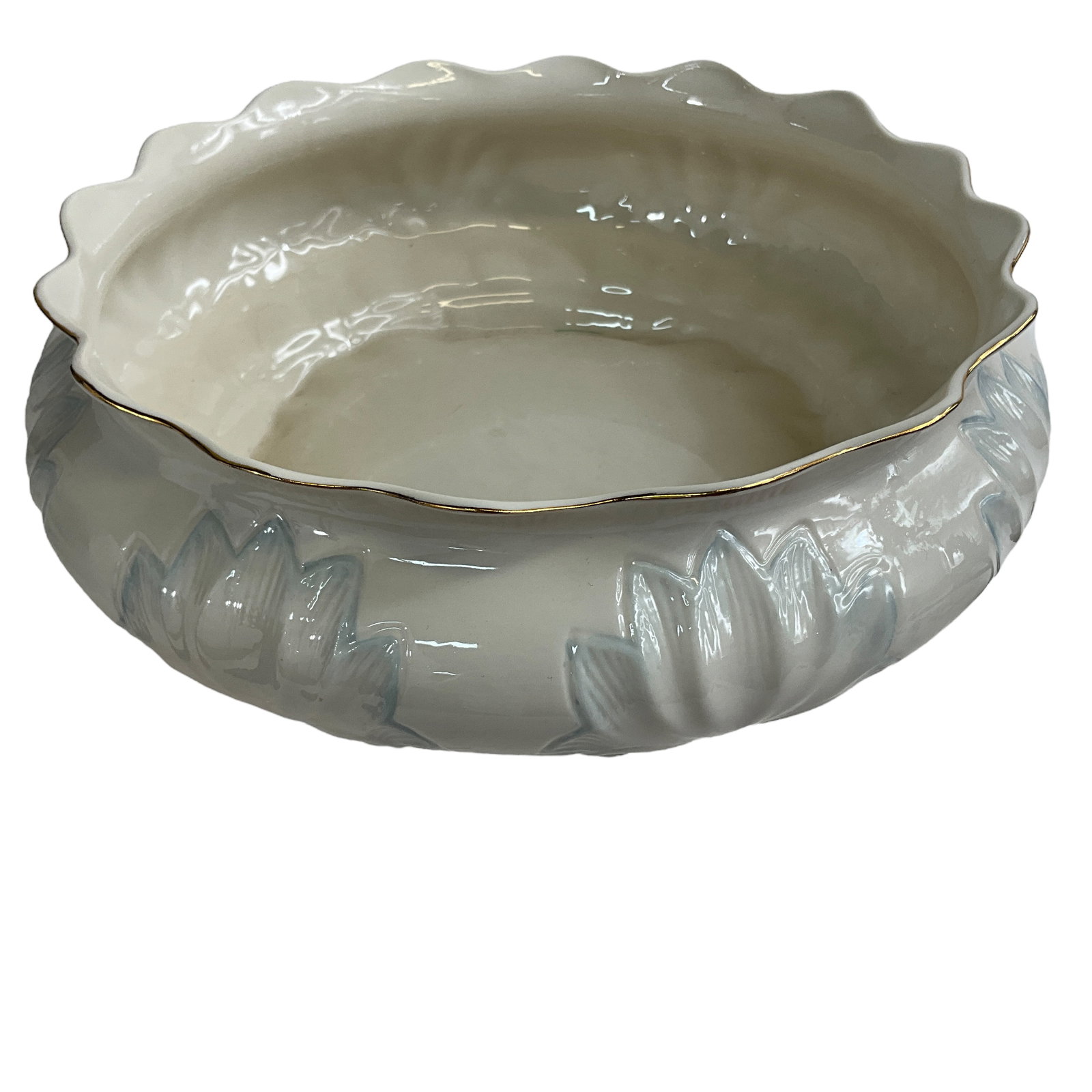 Belleek Nairn Salad Bowl: Belleek Nairn salad bowl #1089, featuring blue flowers. Measures approx. 3" tall, 9" diameter.