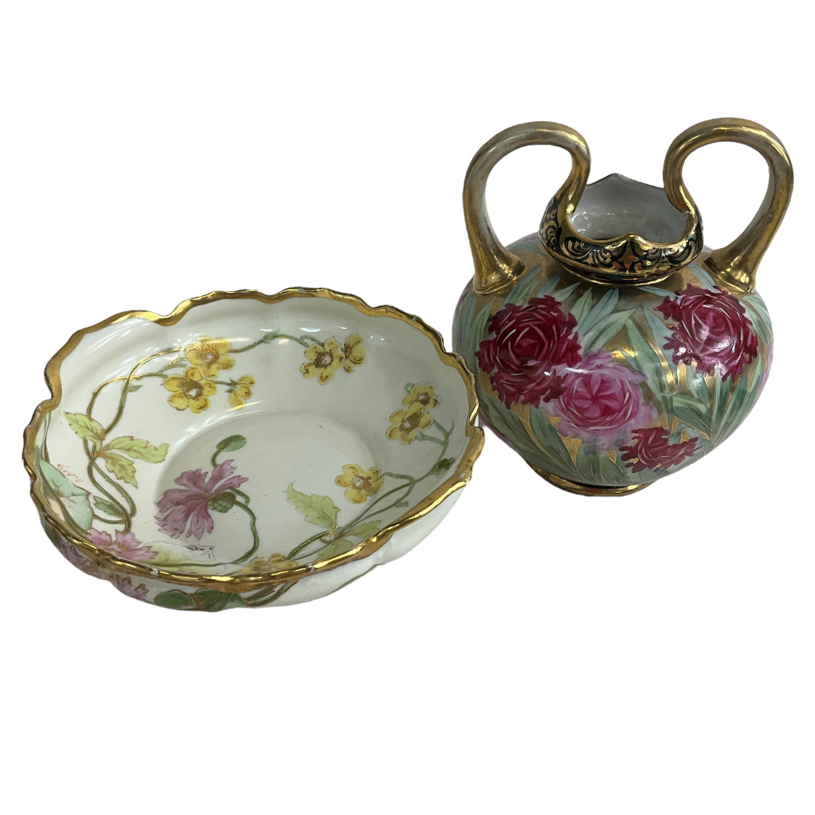 Vintage Elite Limoges Hand Painted Bowl and Rose Urn w/Gold Gilt Detail: Limoges Elite hand-painted bowl featuring a yellow and pink floral design w/gilded edges, and a hand-painted, rose motiff urn featuring gold gilded accents. Limoges bowl measures approx. 1 3/4" tall, 