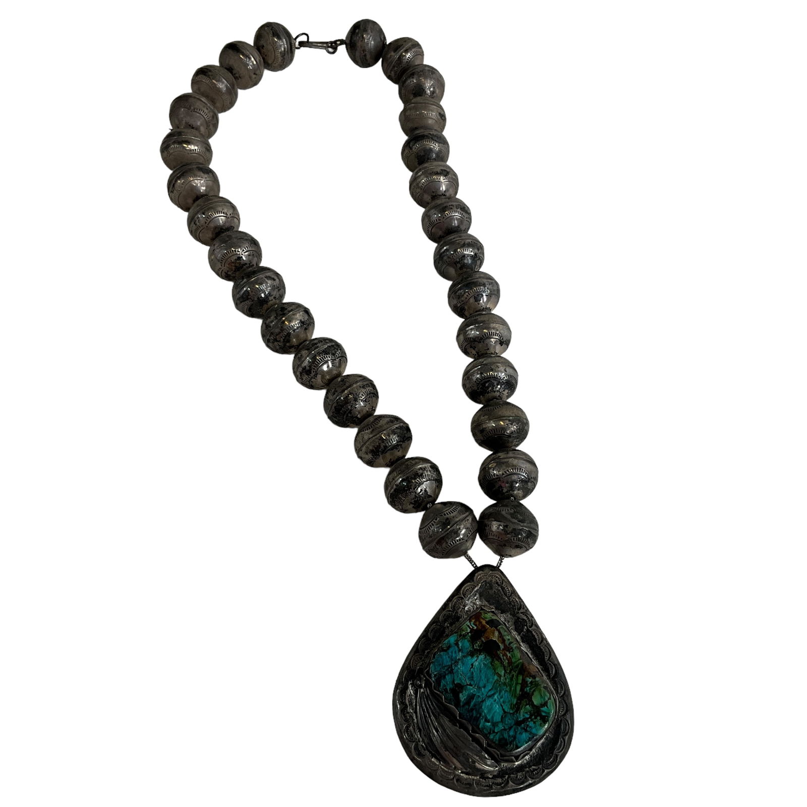 Vintage ZUNI Turquoise Pin/Pendant w/Large Bead Chain, Sterling Silver (1 of 5)