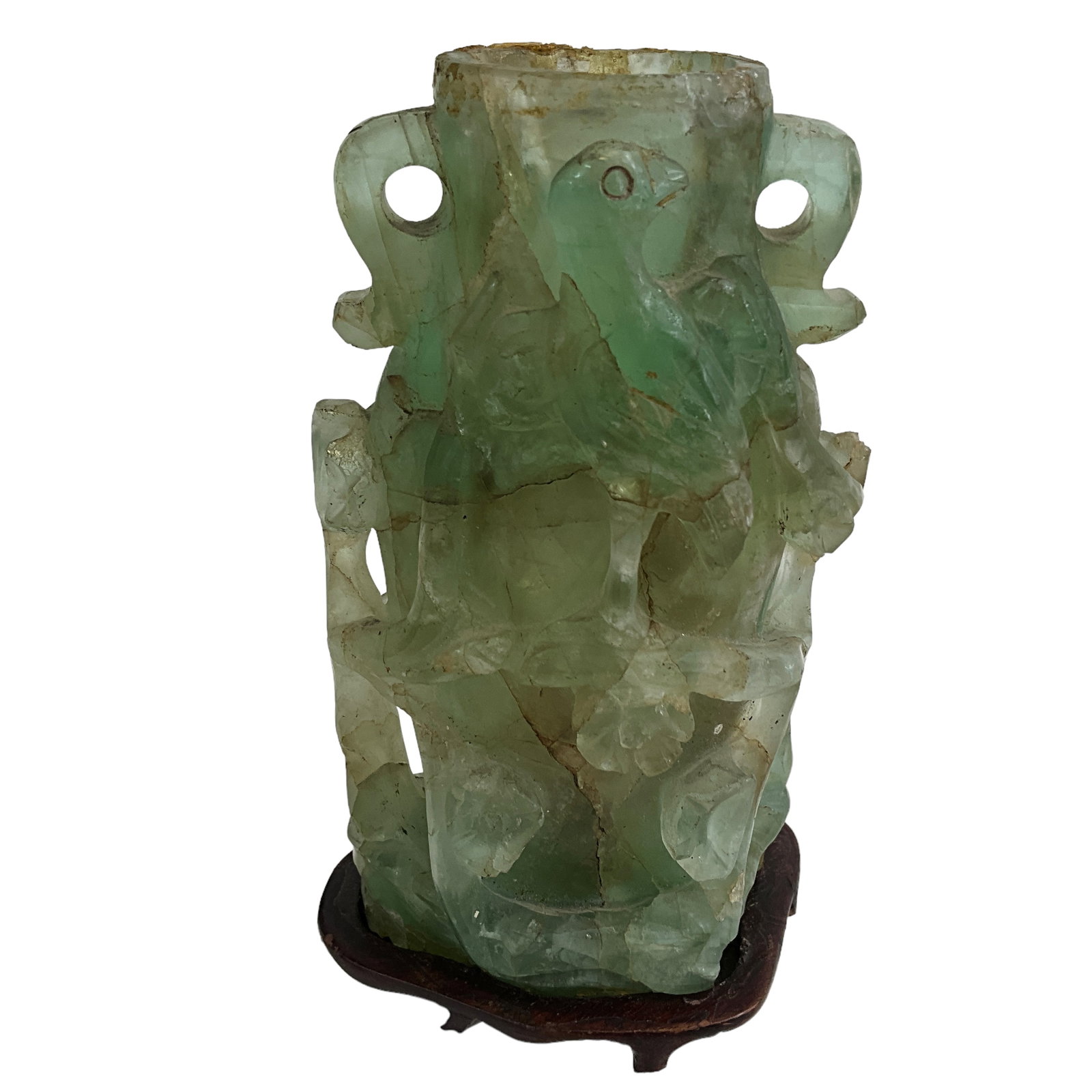 Antique Chinese Carved Fluorite Vessel, Birds & Flowers: Antique Chinese carved fluorite vessel in bird and flower motif, on detached base. Measures approx. 7" tall, 4 1/2" wide, 3 1/4" deep (including base). Vessel has multiple large cracks, including one 