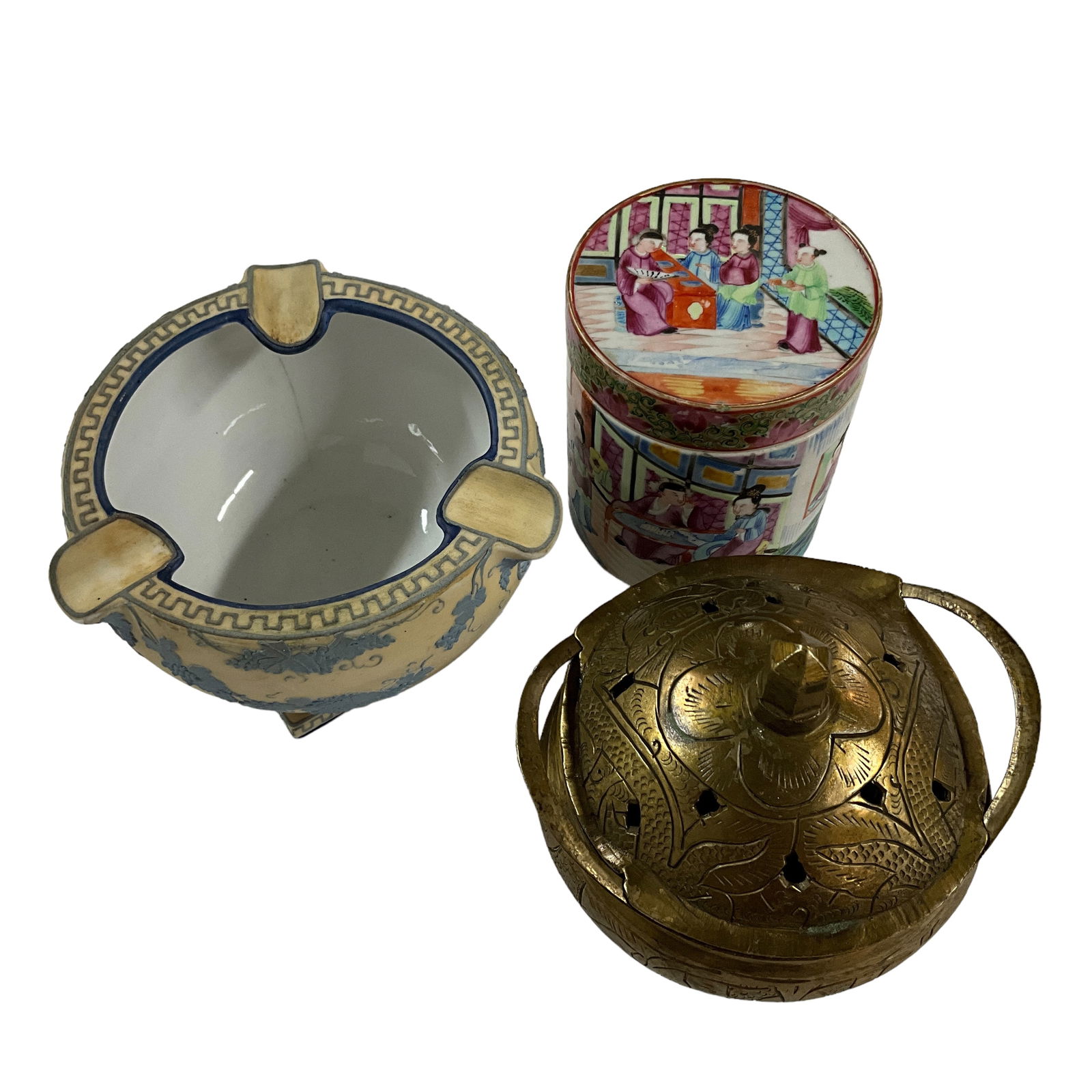 Nippon Ashtray, Brass Incense Pot w/Lid, Covered Jar, Lot of 3 (1 of 15)