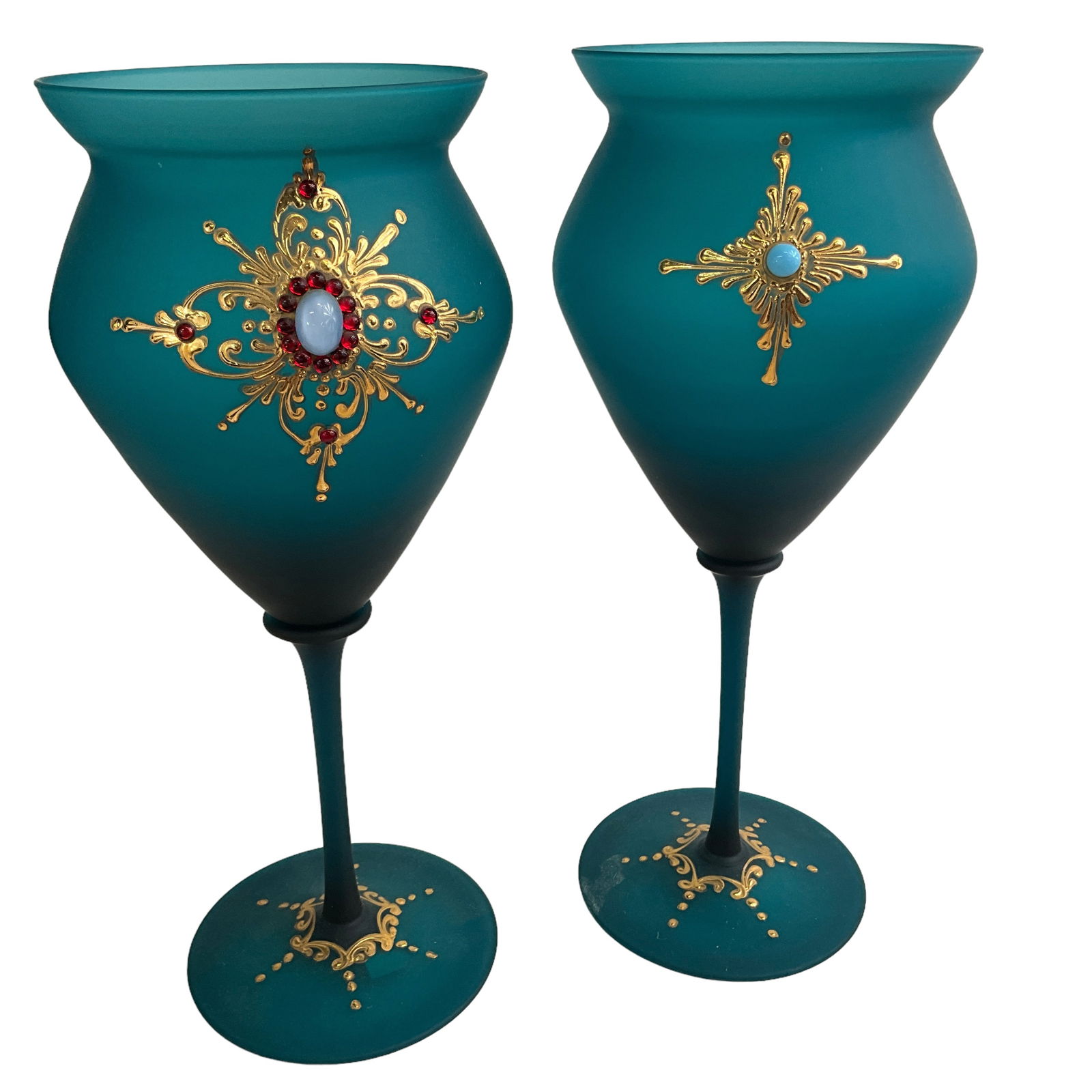 Goblet Form Vase Pair, Italian Glass: Goblet form glass vase pair (lot of 2) made in Italy. Pieces feature gold gild painting and cabochon cut stones. Each measure approx. 13" tall, 5 1/2" diameter.