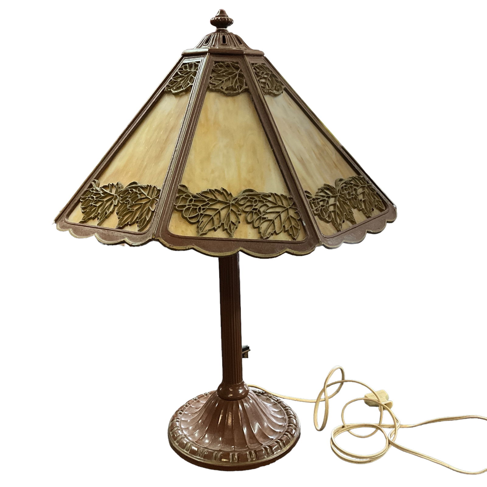 Authentic Bradley & Hubbard Slag Glass Lamp, Maple Leaf: Authentic Bradley & Hubbard 8-panel maple leaf slag glass lamp. Measures approx. 2 feet tall overall, 17" diameter (shade). There is some chipping to the paint, otherwise looks great.