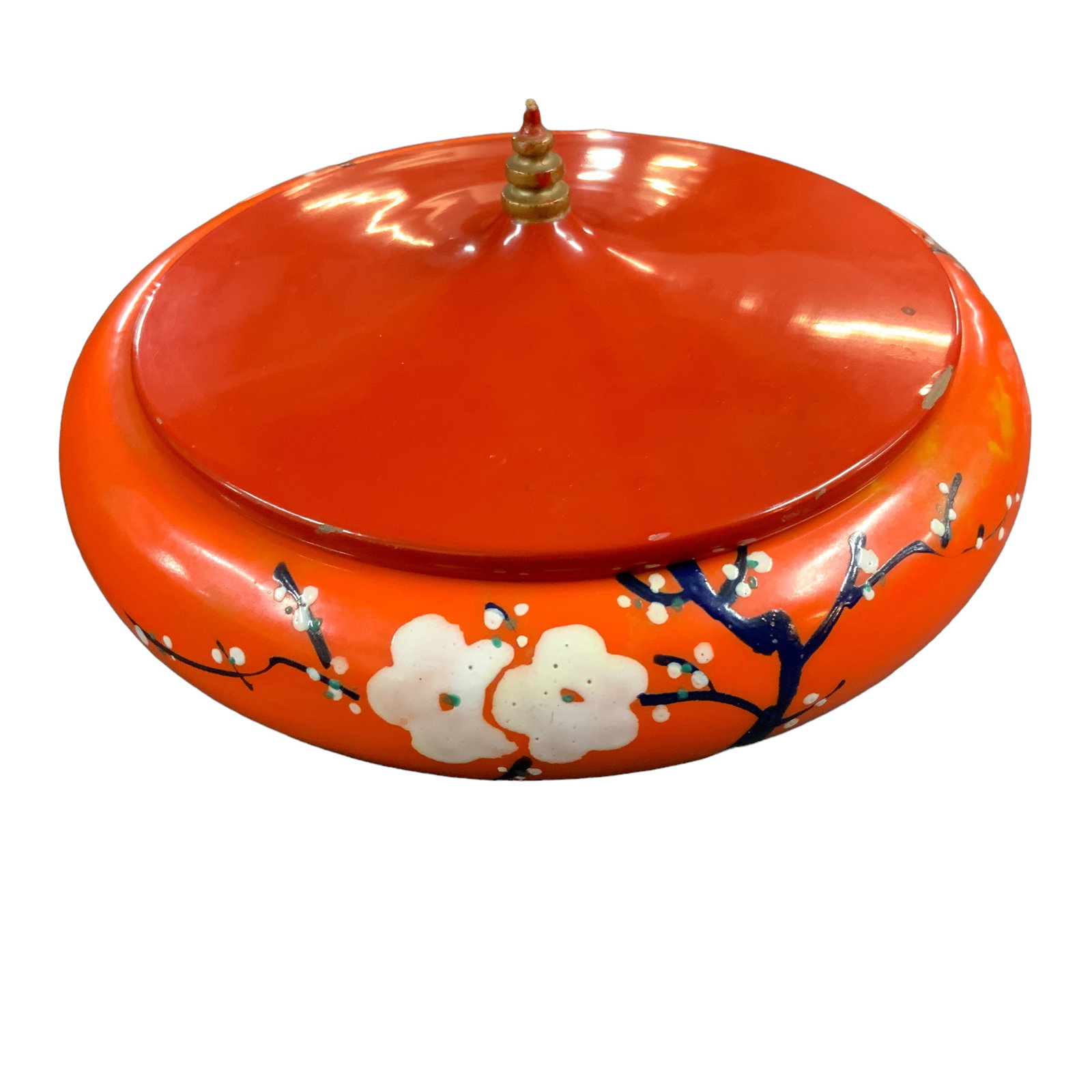 Vintage Japanese Hand Painted Cherry Blossom S Lusterware Flat Bowl, Orange: Vintage Japanese, hand-painted cherry blossom S Lusterware orange flat bowl. Bowl measures approx. 1 3/4" high, 6 3/4" diameter. Lid has some chipped paint areas.