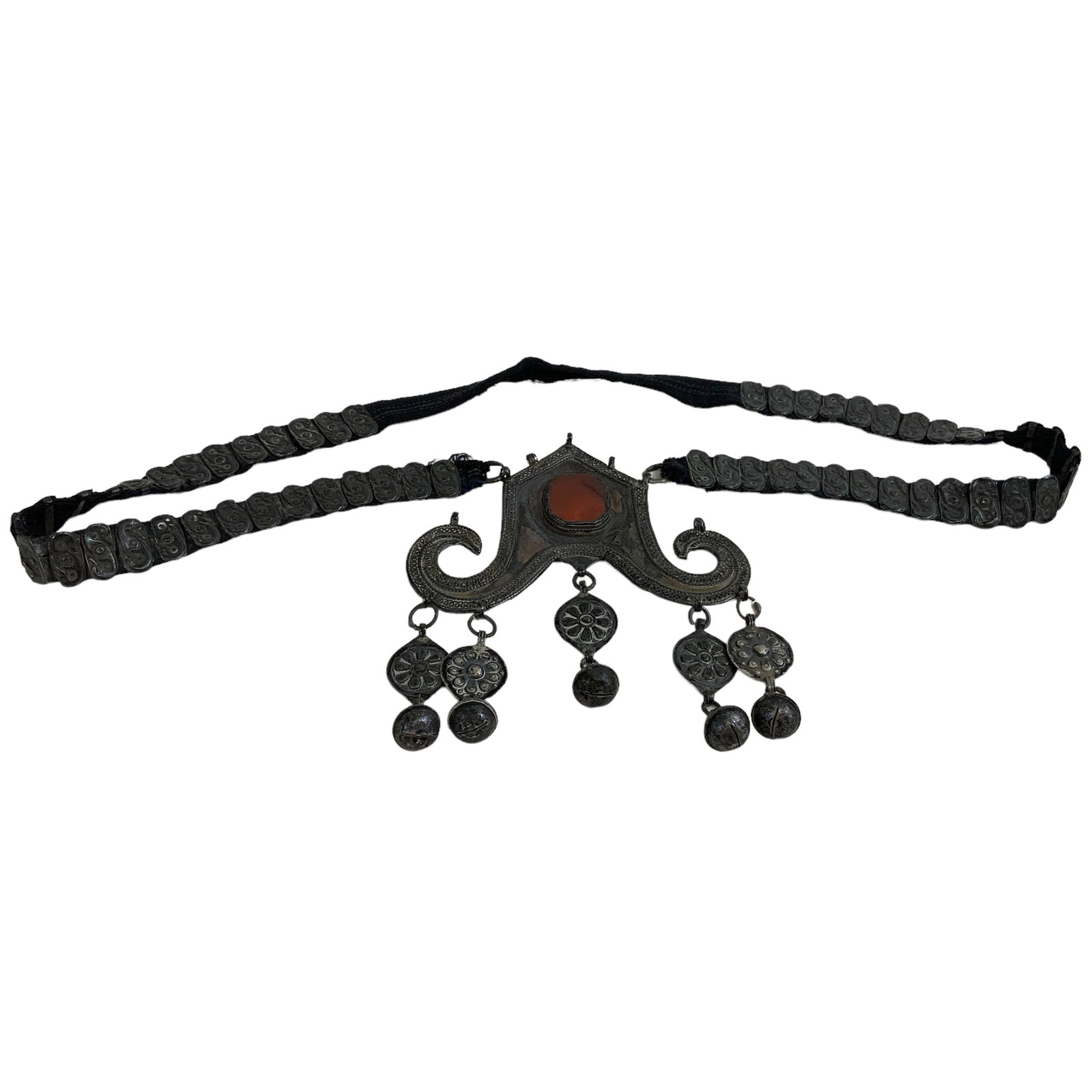 Turkish Belt/Necklace: Turkish belt/necklace measuring approx. 36". Decorative metalwork features a cabochon stone and measures approx. 6" wide and 6 1/2" long.