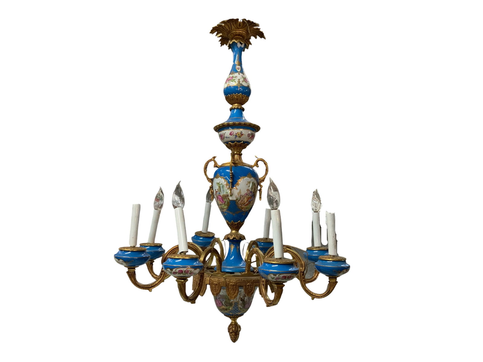 Sevres Style Porcelain & Gilt Bronze Chandelier: Sevres style porcelain & gilt, metal, 8-light chandelier. Rim of top portion is visibly chipped. Measures approx. 37" tall, 26" diameter.