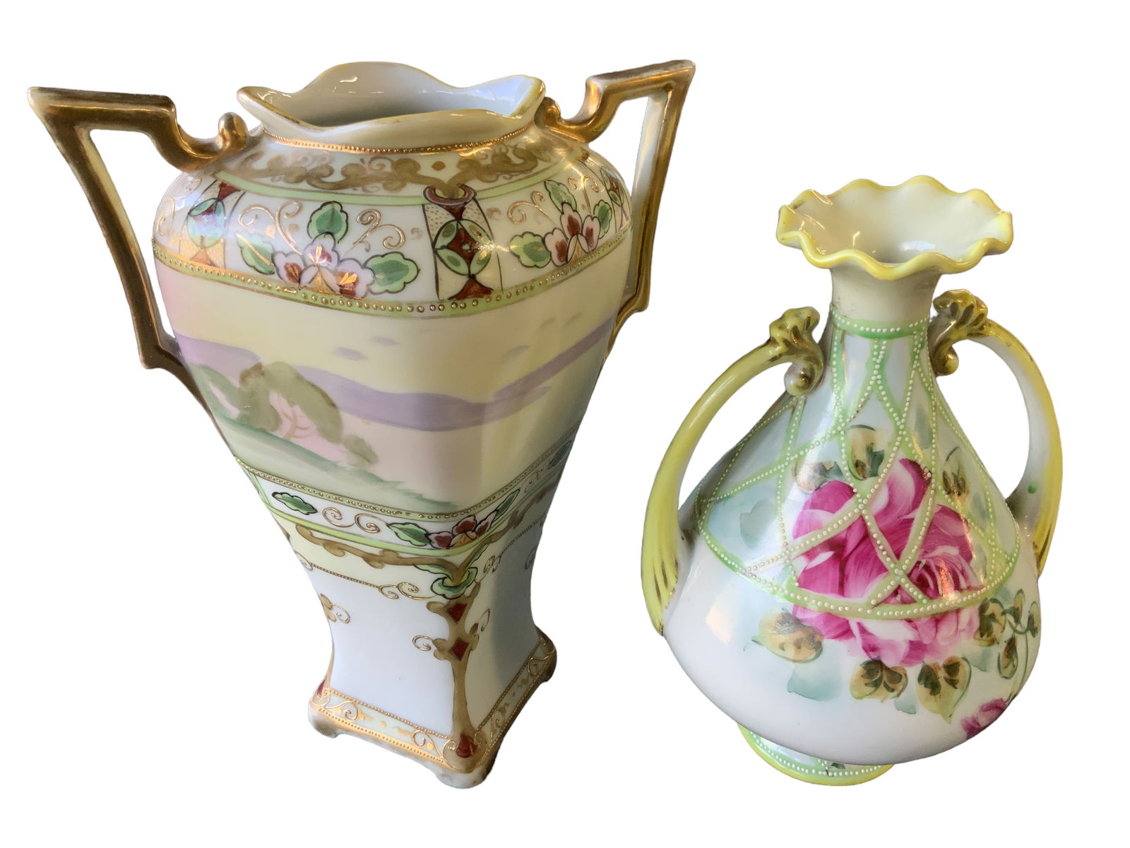 Authentic Nippon Hand Painted Urn and Unmarked Hand Painted Vase, Lot of 2: Hand Painted Nippon urn is floral with gilded gold trim and stands approx. 8 1/4" tall, 6 3/4" diameter (across handles). Smaller unmarked hand painted floral vase with fluted rim featuring gold accen