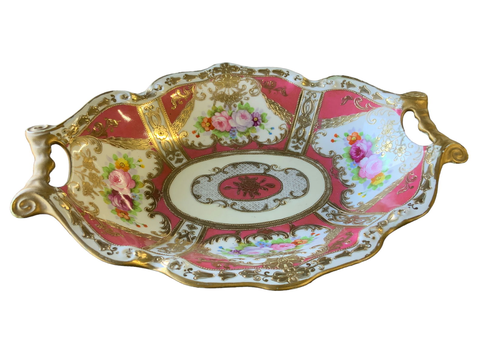 Noritake Hand Painted Bowl, Gold Trim: Noritake 11 1/4" x 8" oval bowl (dimensions include handles) and stands approx. 2" tall. Gold is showing areas of wear.