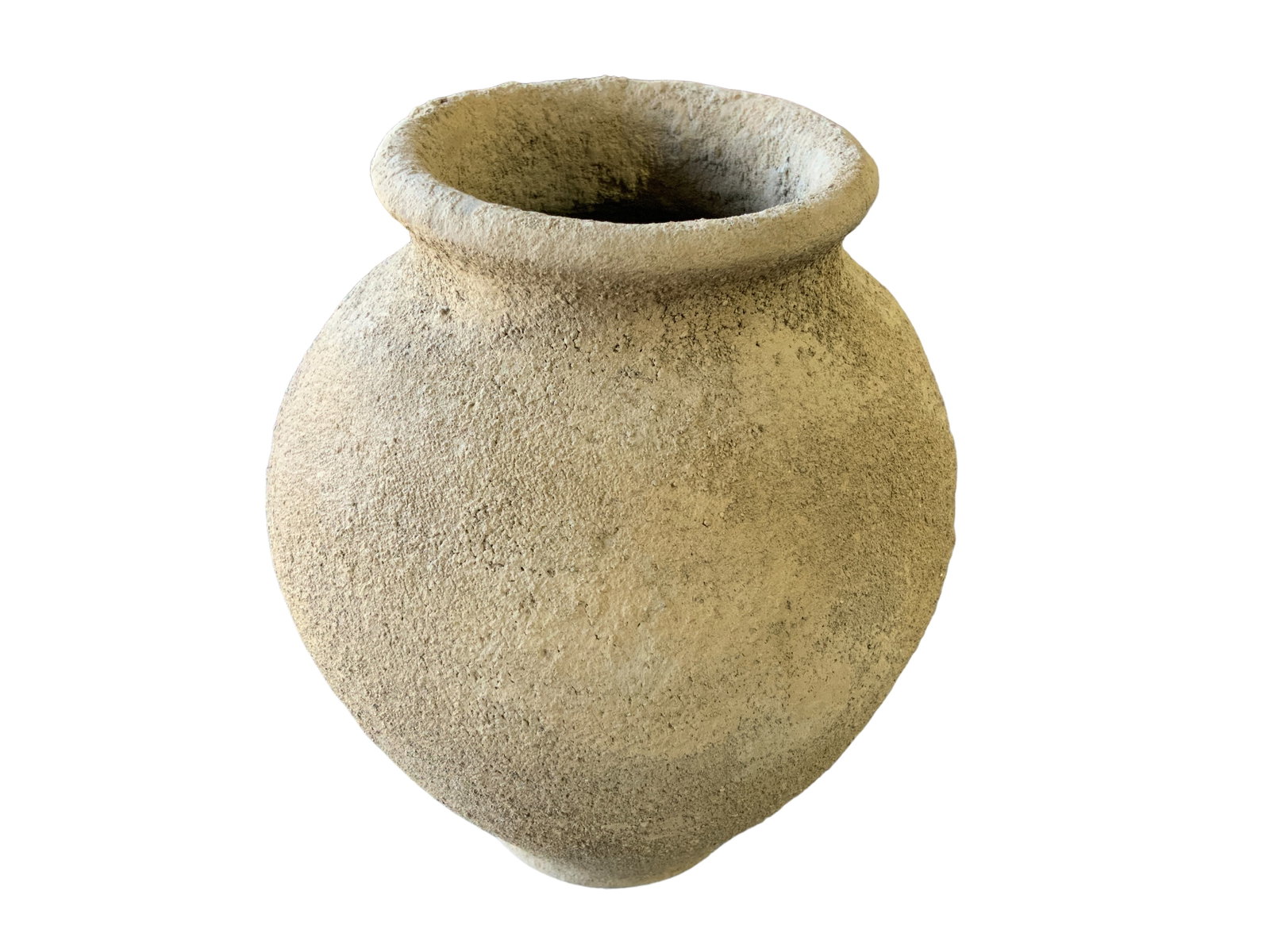 Native American Terracotta Pot, Spherical: Terracotta pot, spherical in shape with a wide mouth and rolled lip. Measures approx. 7 1/2" tall, 6" diameter. Provenance unknown.