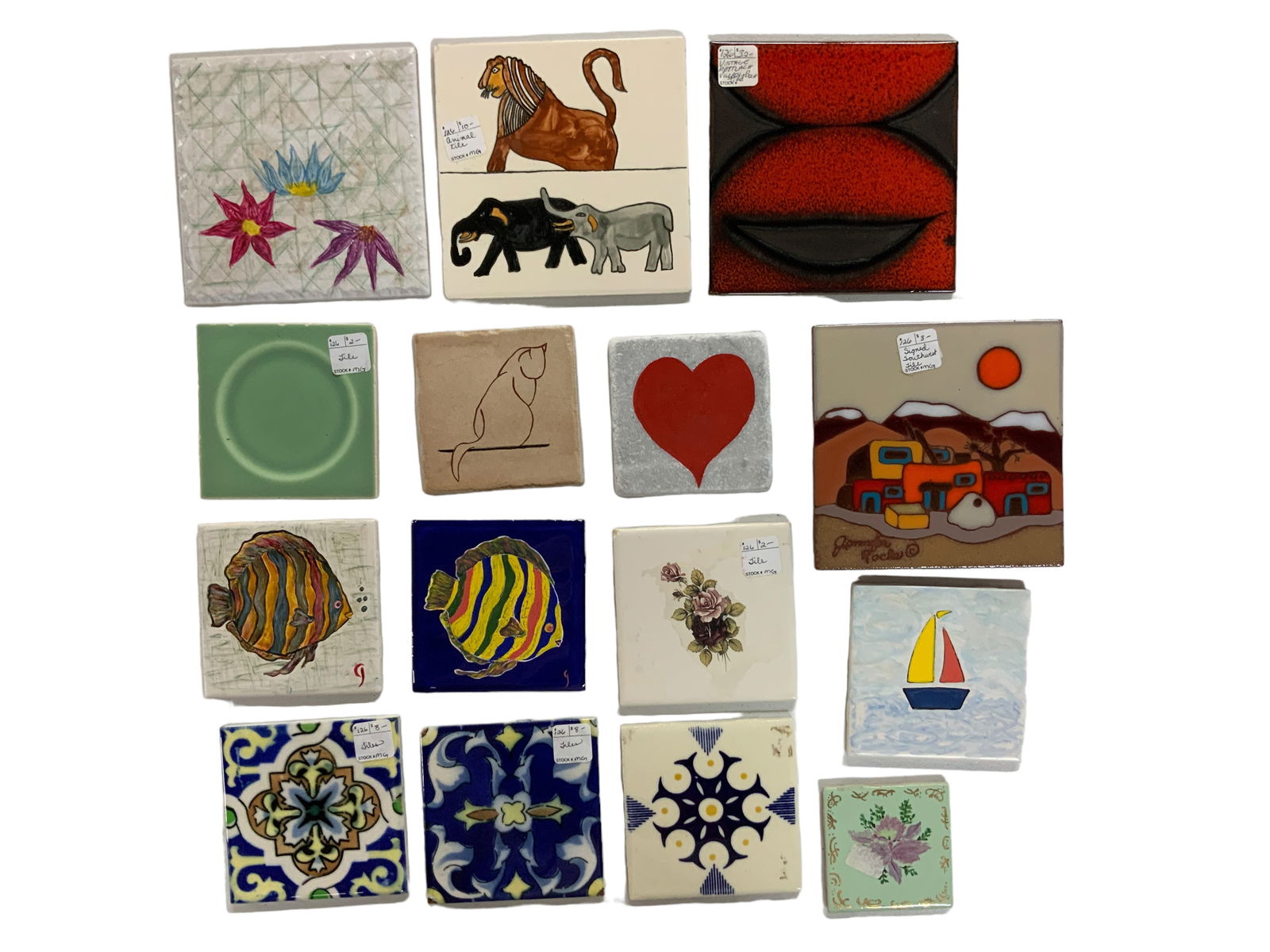 Assorted Tiles, Ceramic/Porcelain/Clay, Lot of 15: Assortment of single tiles varying in theme, total of 15 tiles. Largest tile measures approx. 6"x6" square, smallest measures approx. 3"x3" square.