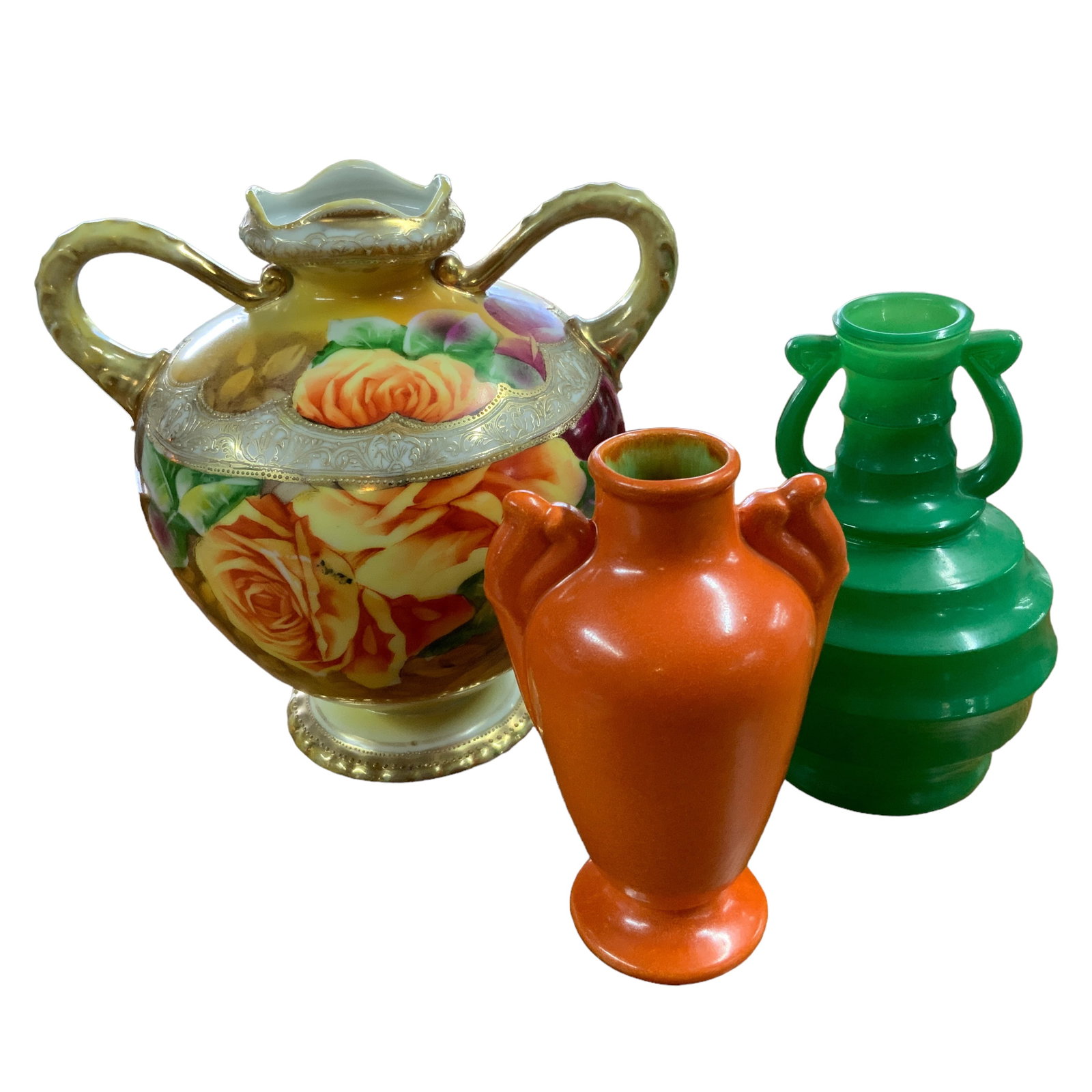 Lot of 3 Urns: Lot of three urns - yellow floral, orange, green. Yellow floral urn has gold gilt accents and measures approx. 7 1/4" tall, 7 1/2" diameter (including ears). Mark on bottom is illegible. Smallest urn 