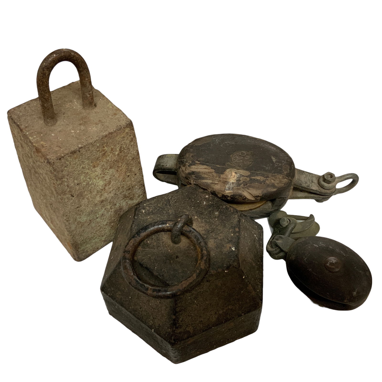 Antique Livestock Tether/Horse Wagon Weight and Block Pulley, Lot of 4 (1 of 8)