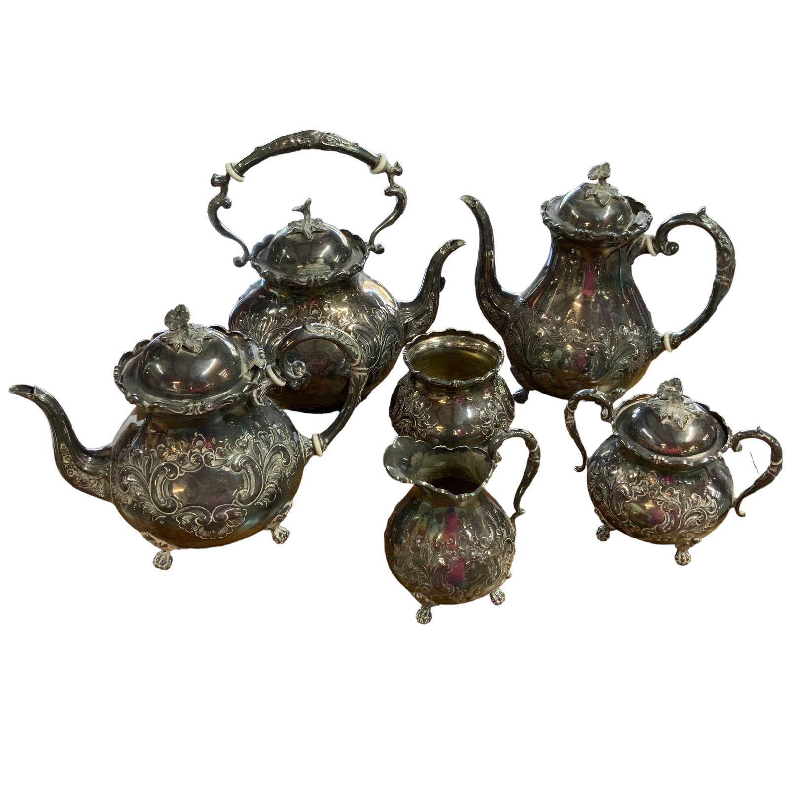 Vintage John Turton Hand Chased 7-Piece, Footed Tea Set, Flower Finial, Electroplate Silver (1 of 20)