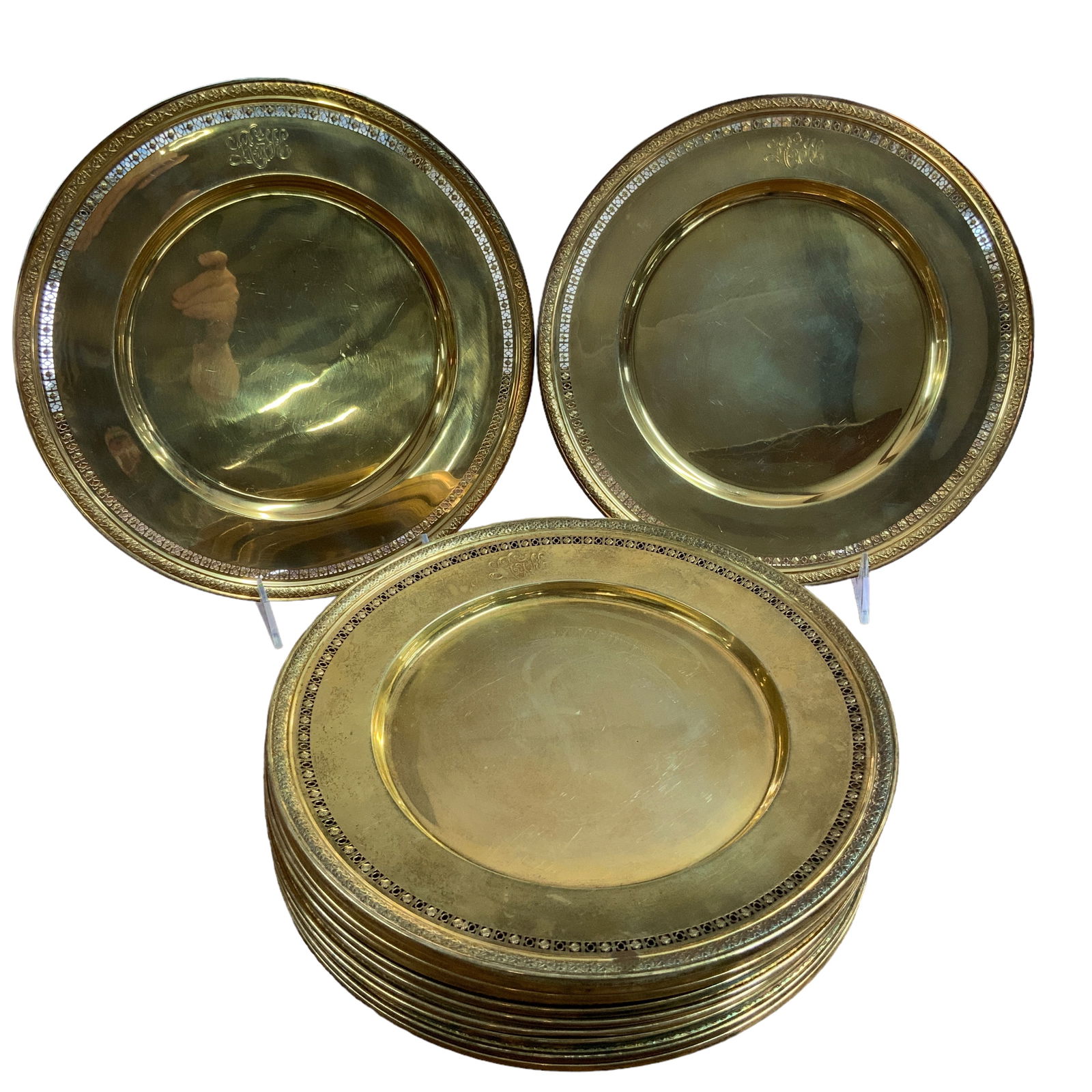 Charger Plates, Jennings Silver Co. Sterling Silver, Monogrammed, Set of 12 (1 of 7)