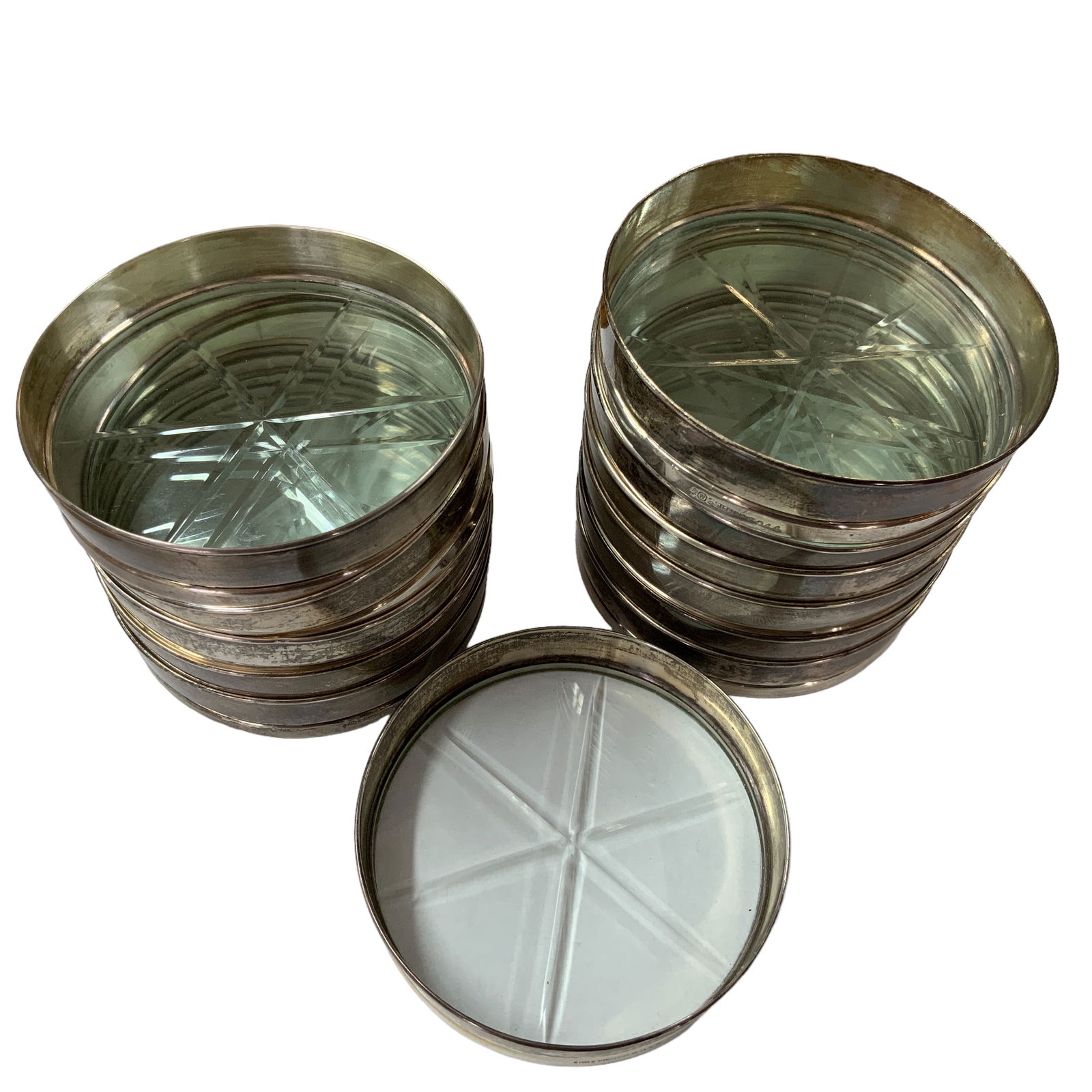 Antique Sterling Silver & Cut Glass Coasters, Frank M. Whiting, Set of 12 (1 of 5)