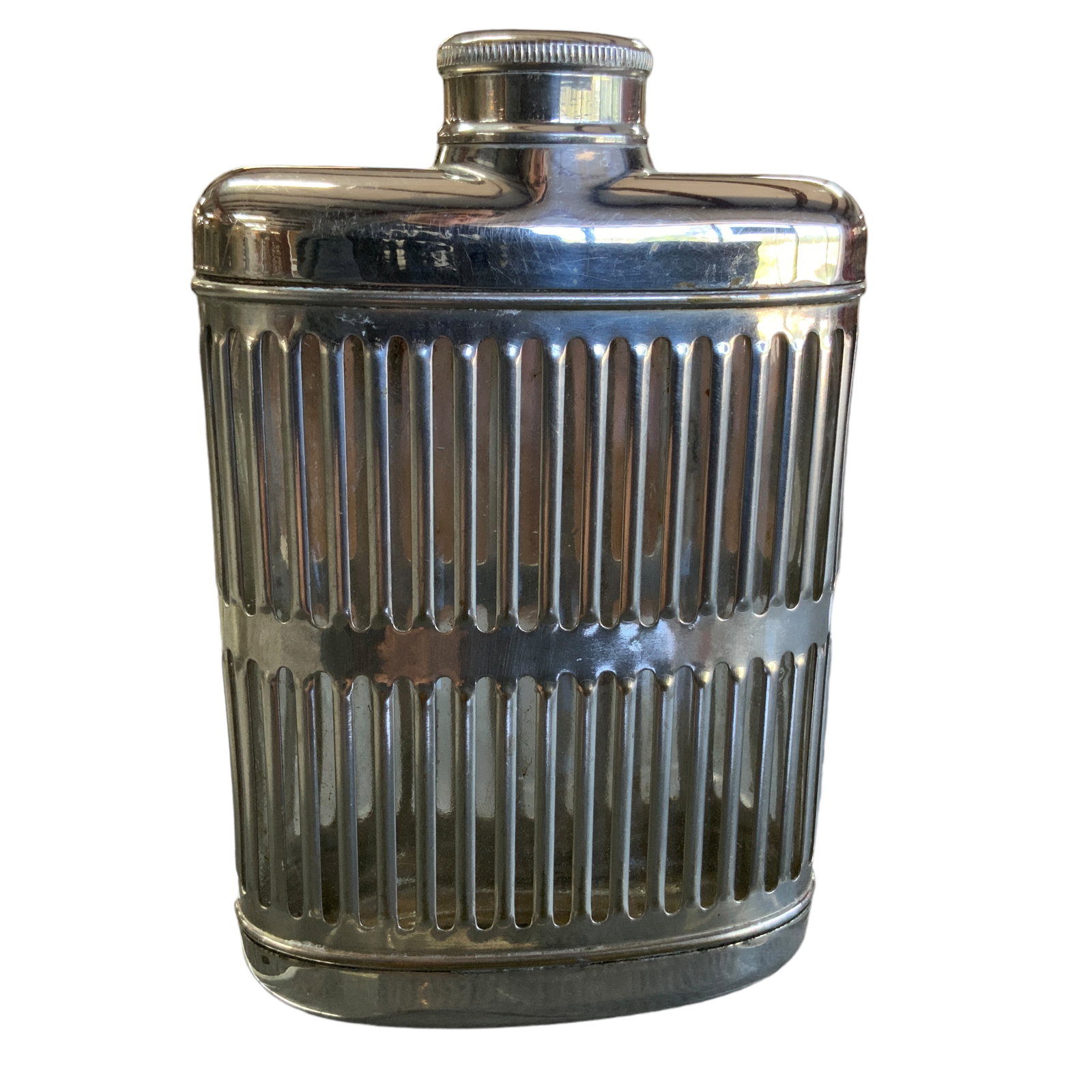 Vintage Chrome Plated Caged Glass Flask: Vintage chrome plated glass flask with screw on cap (cork stopper). Measures approx. 5 1/2" tall, 3 1/2" wide, 1 1/2" deep.