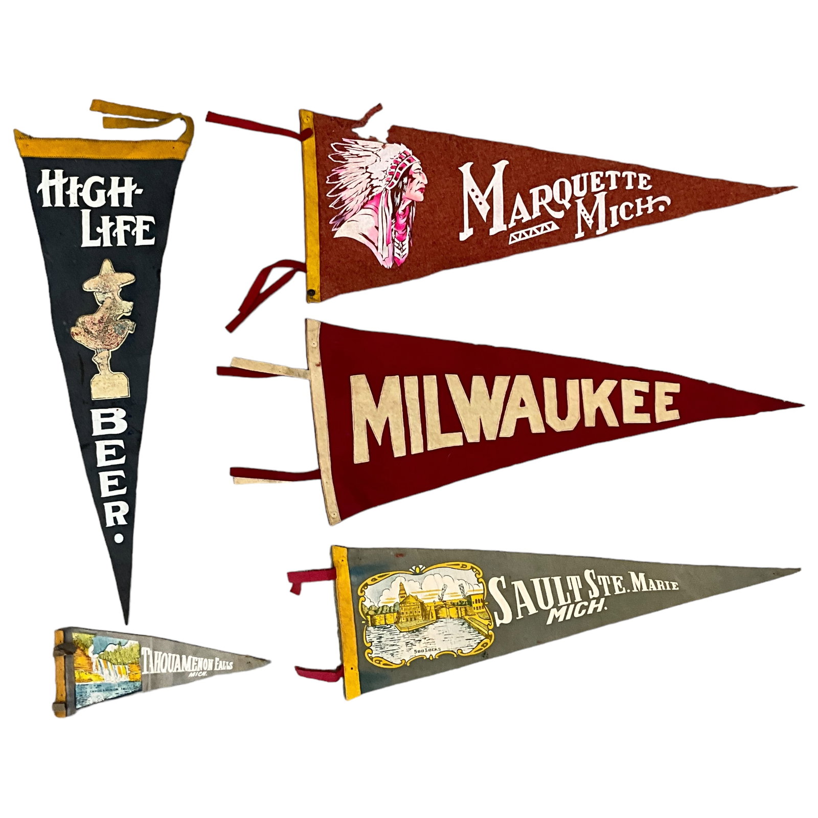 Vintage Pennants, Lot of 5: Lot of 5 vintage pennants advertising different locations and products. Largest measures 28" x 12".