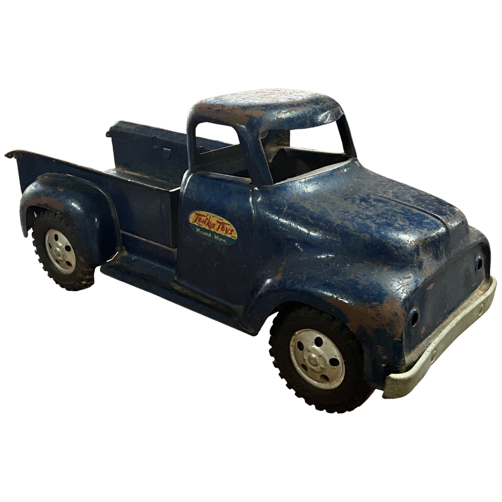 Tonka Toys Pickup Truck: Vintage Tonka Toys blue metal pickup truck. Measures 5.75" tall, 5" wide, 12.75" long.