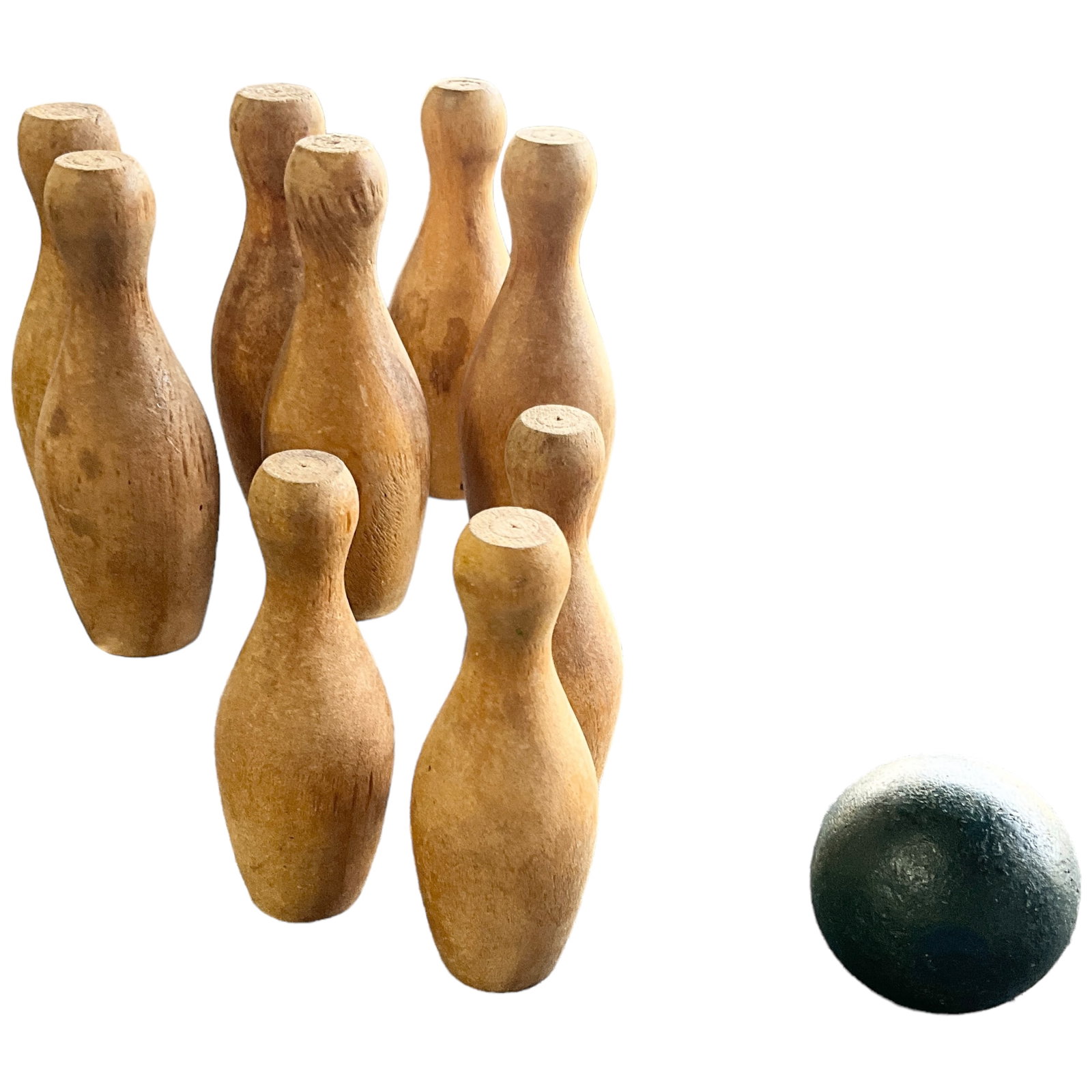 Vintage Mini Wooden Bowling Set: Vintage mini wooden bowling set, only 9 pins. Pins measure 4" tall, 1.5" in diameter.