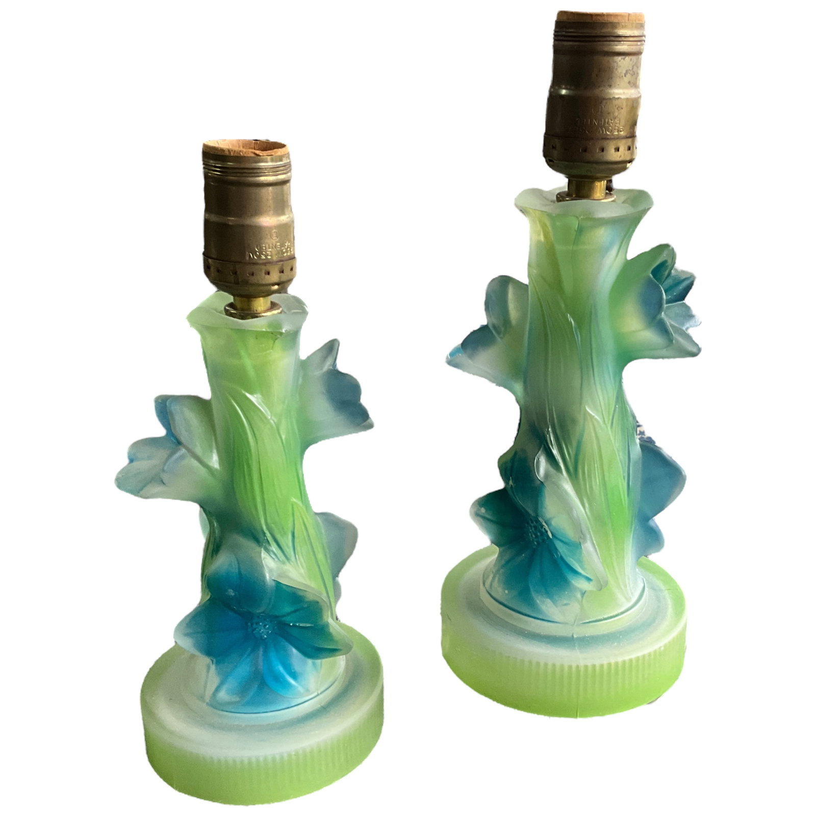 Green and Blue Satin Glass Dresser Lamps: Pair of vintage green and blue satin glass dresser lamps. Measures 11" tall, 4.25" in diameter.
