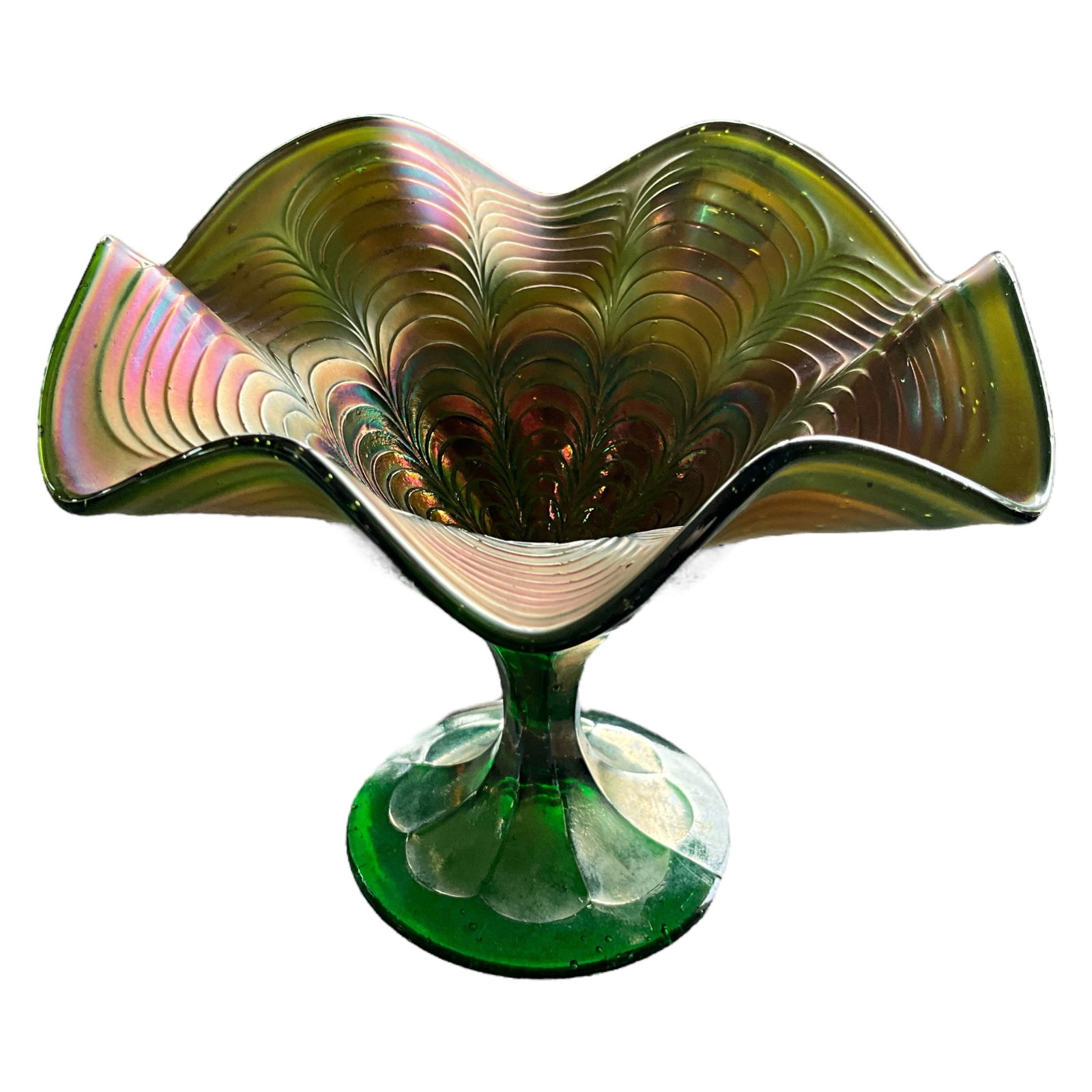 Fenton Carnival Glass Peacock Tail Ruffled Compote (1 of 4)