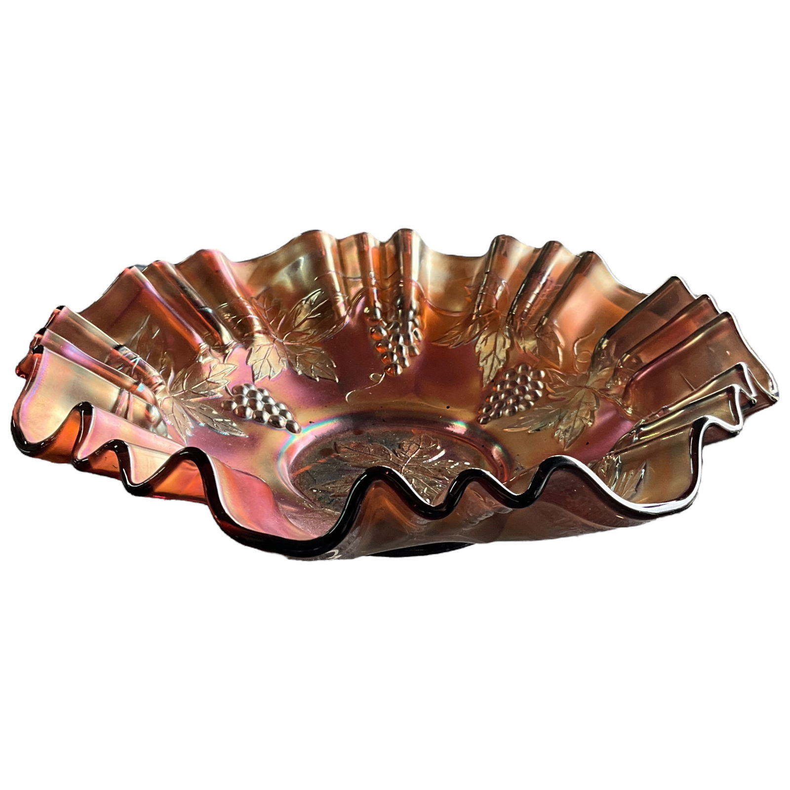 Vintage Carnival Glass Grape and Cable Ruffled Bowl (1 of 2)