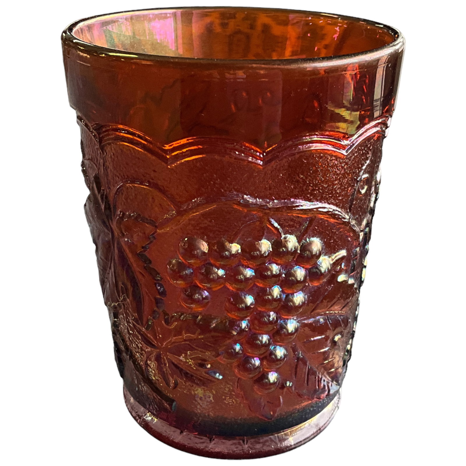 Vintage Carnival Glass Grape and Cable Cup: Vintage carnival glass grape and cable cup. Measures 4" tall, 3.25" in diameter.