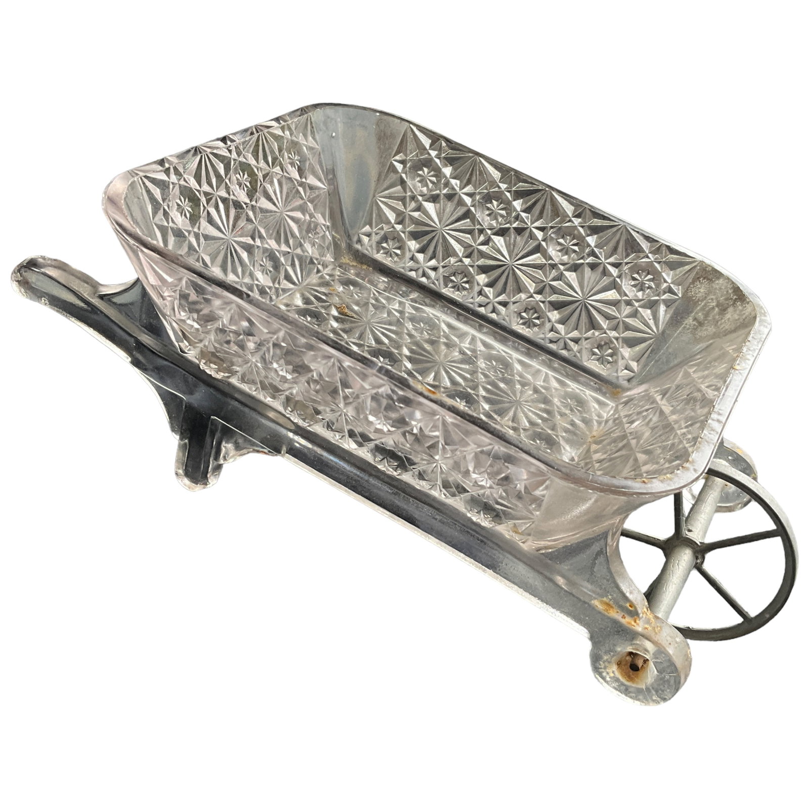 Gillinder and Sons Daisy and Button Glass Wheelbarrow: Gillinder and Sons daisy and button glass wheelbarrow with metal wheels. Measures approx 4" tall, 10" long, 5.75" wide.